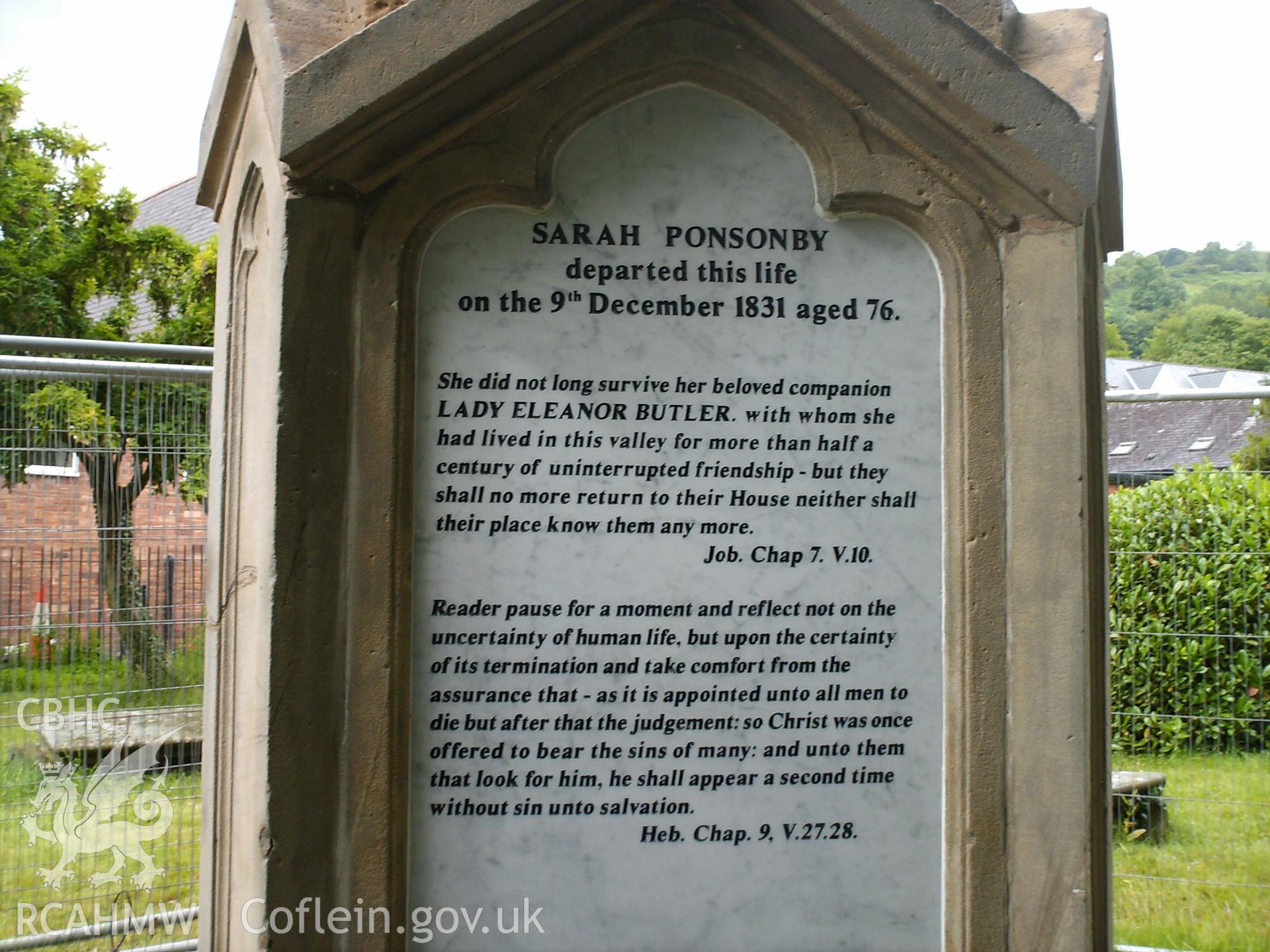 Digital image showing replica memorial plaque for Sarah Ponsonby.