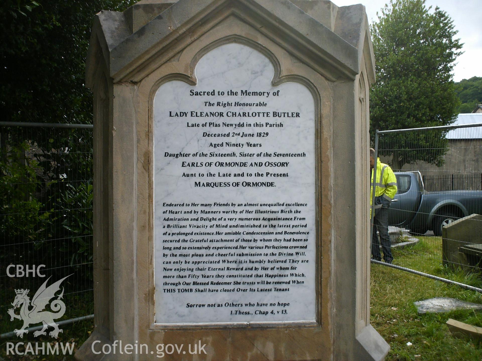 Digital image showing replica memorial plaque for Eleanor Butler.