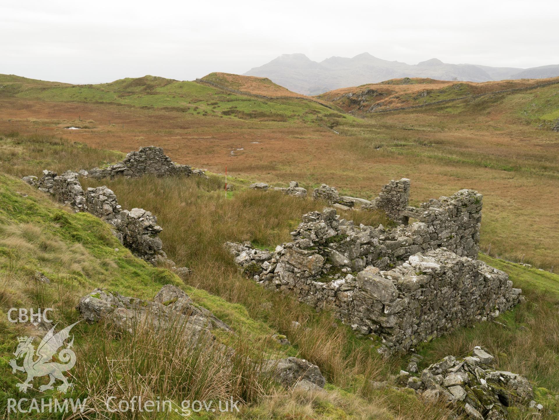 view looking SW, showing waterwheel pit on R.