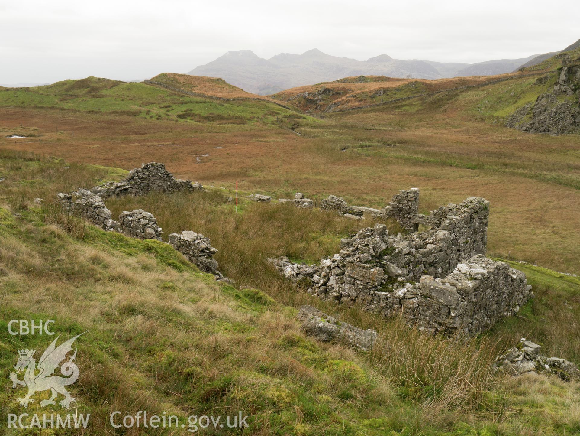 view looking SW, showing waterwheel pit on R.