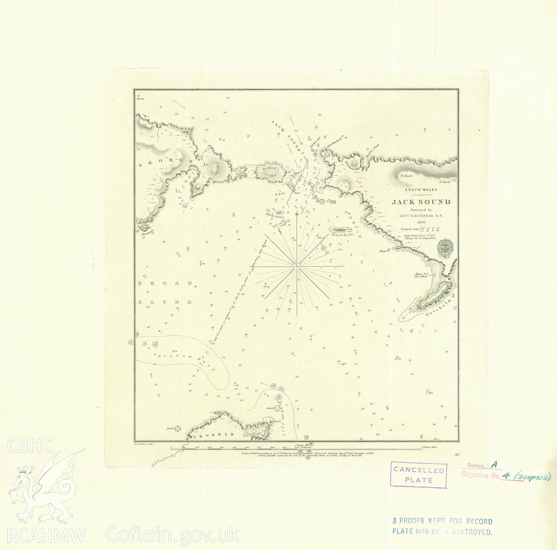 Scanned original image of an Admiralty chart of Jack Sound, Pembrokeshire. Surveyed by Lieutenant H.M. Denham. Original Hydrographic Office reference number was OCB37-A4.