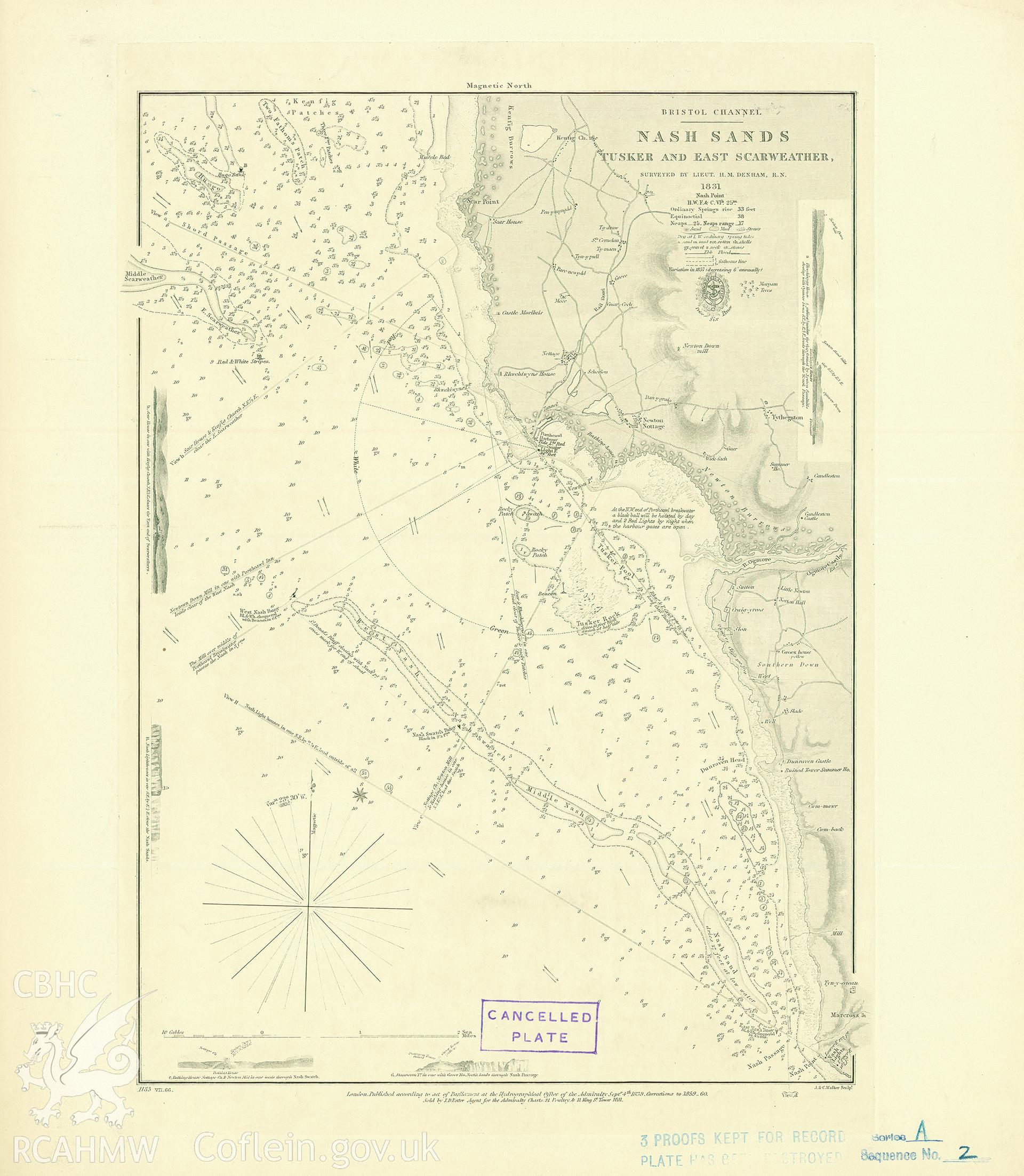 Scanned original image of an Admiralty chart of Nash Sands, Tusker and East Scarweather. Surveyed by H.M Denham. Original Hydrographic Office reference number was OCB1183-A2. Originally published in September 1839 with corrections made 1859 and 1860.