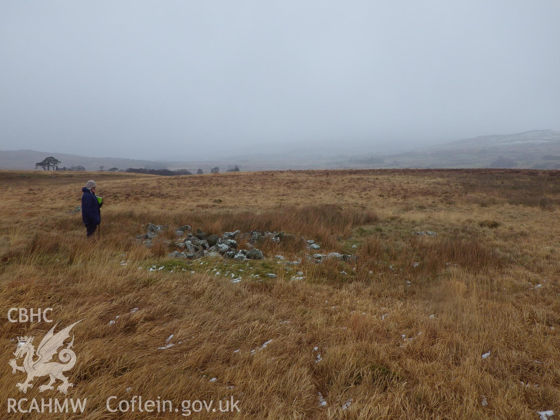 Stone cairn, looking north