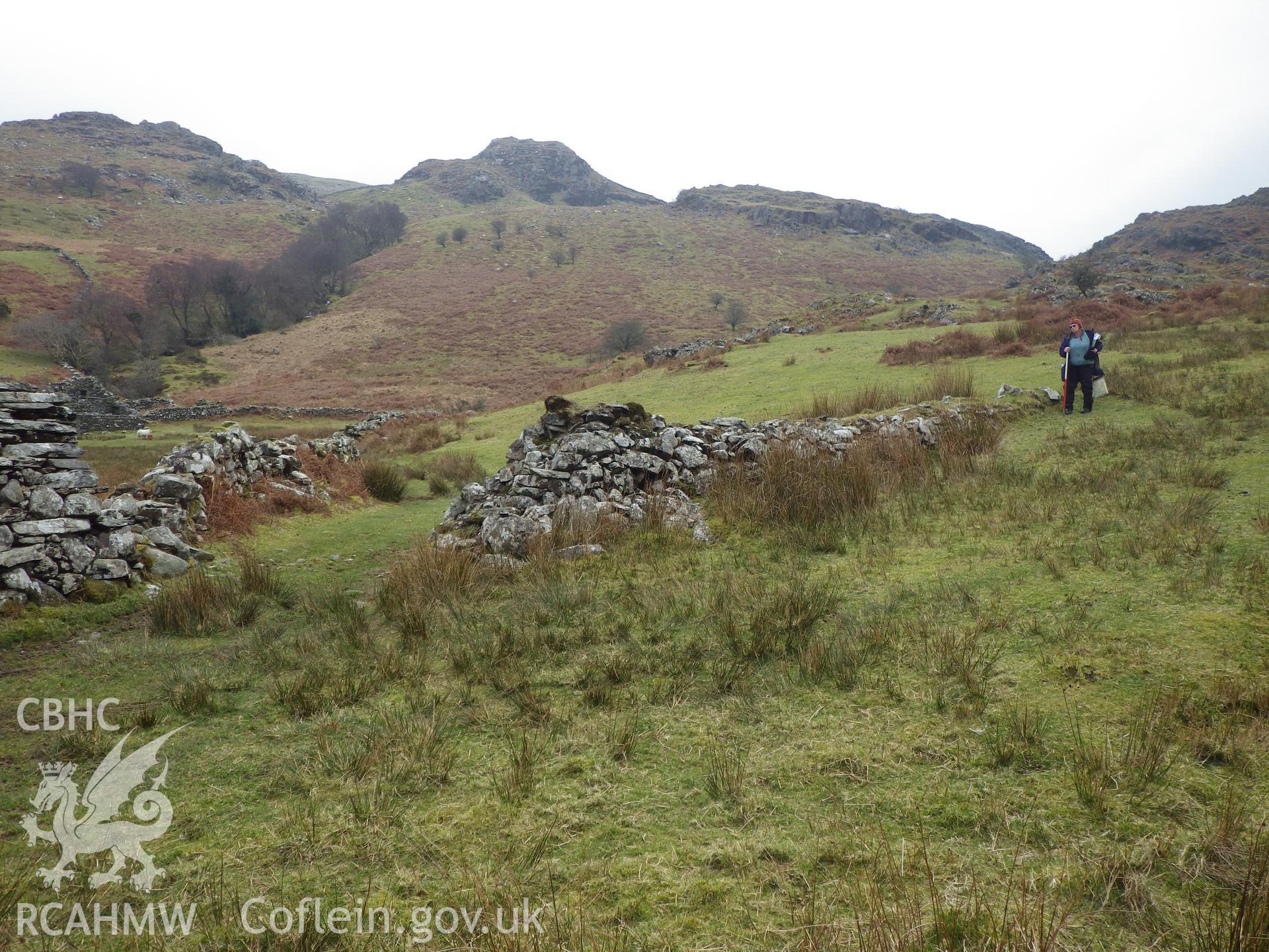 Stone bank that probably supported a former launder at the northern end of leat, looking east