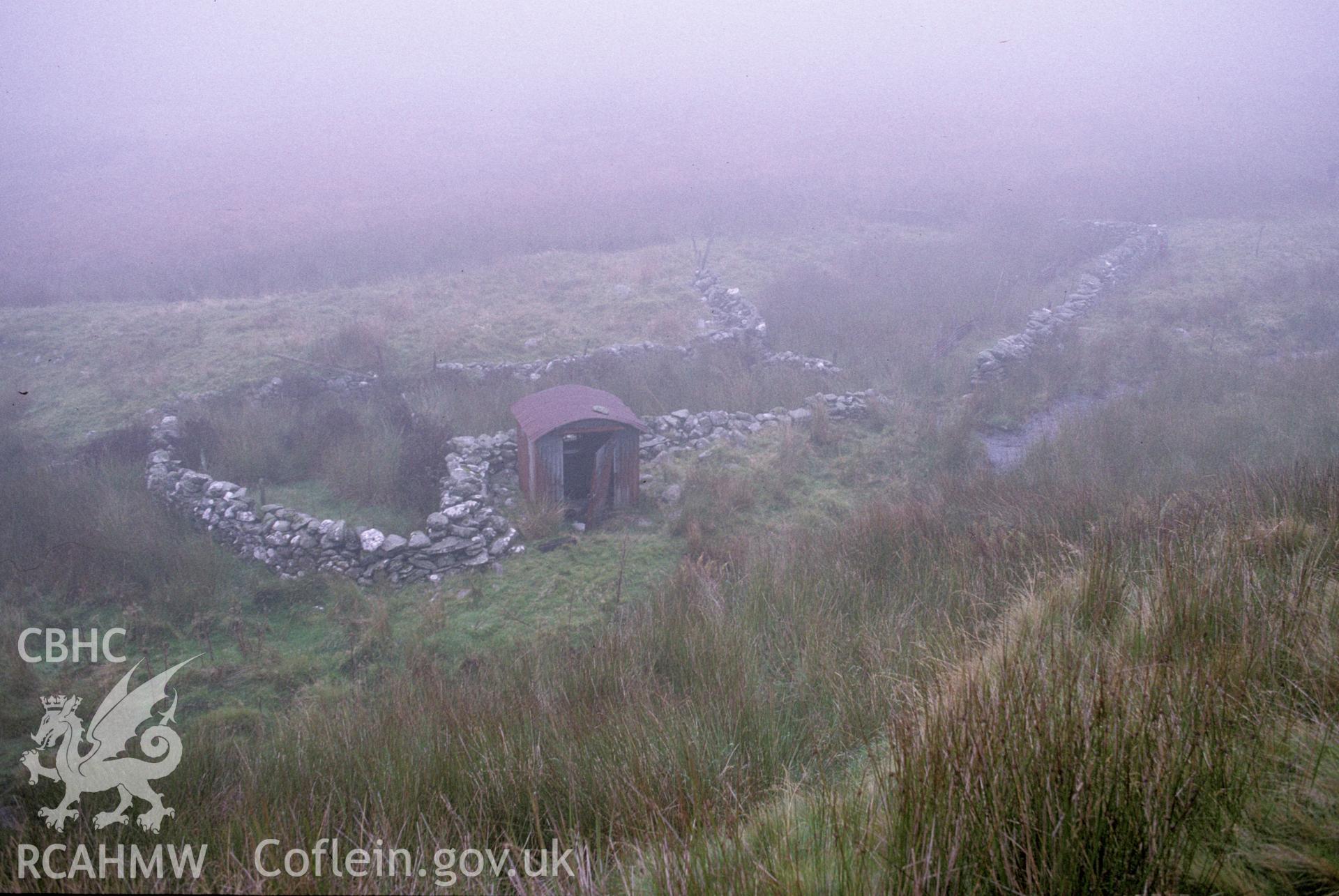 Photograph of Clochnant Sheepfold II from the south-west. Taken by R. Hankinson on 20/10/2004 during an upland survey undertaken by the Clwyd-Powys Archaeological Trust.