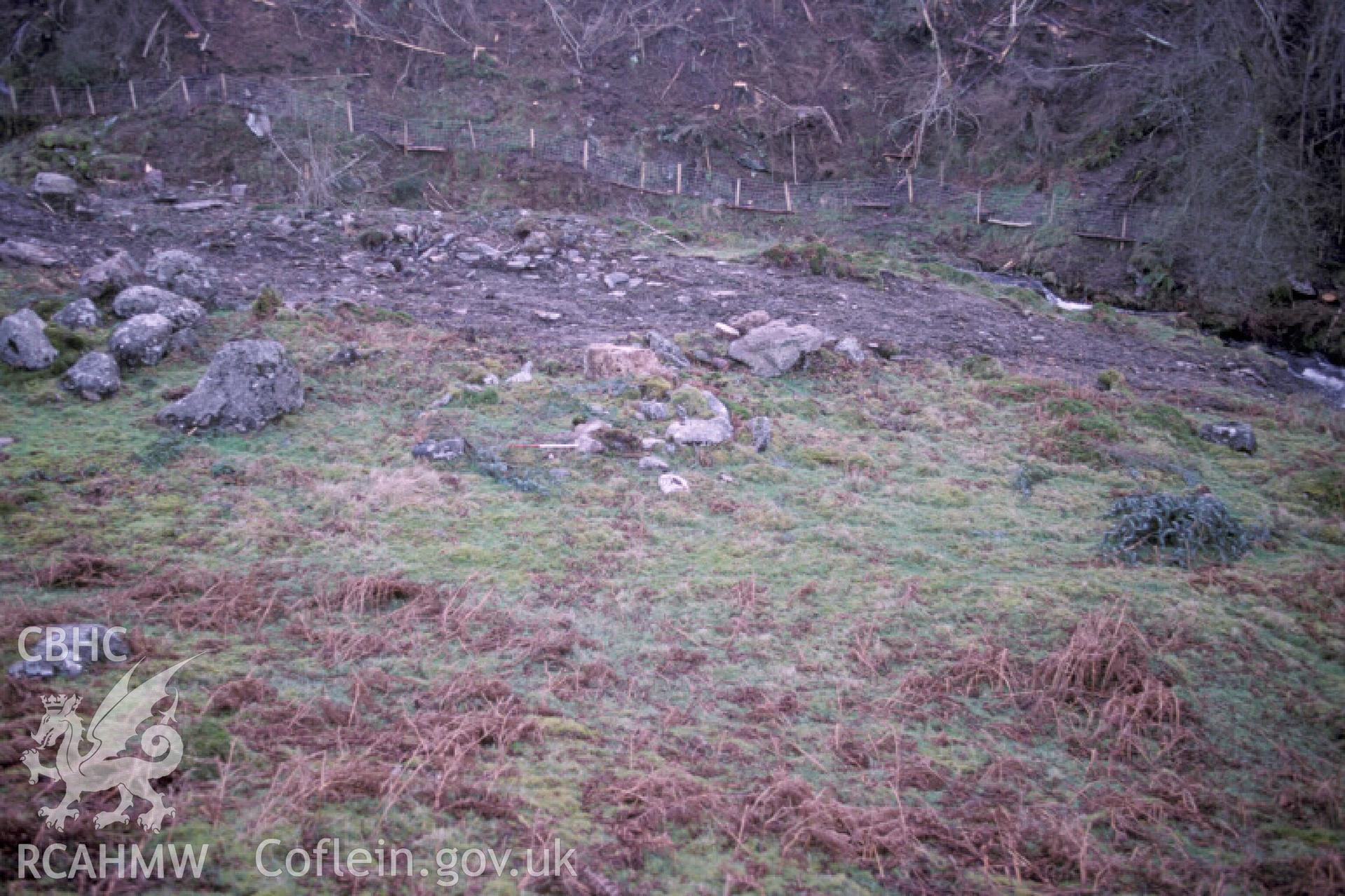 Photograph of Damage to Llynor Homestead Building I from the north-north-east. Taken by R. Hankinson on 05/01/2005 during an upland survey undertaken by the Clwyd-Powys Archaeological Trust.