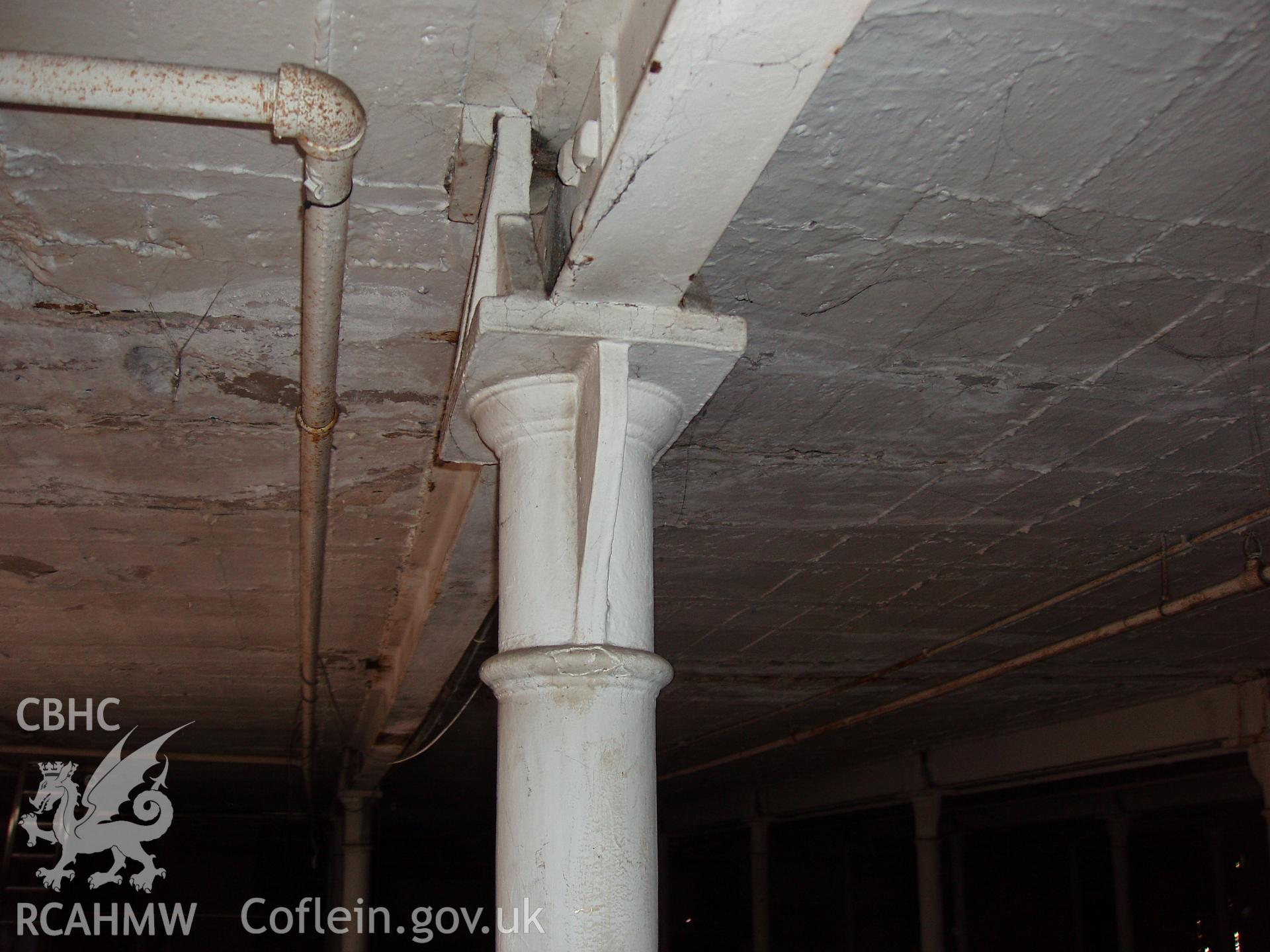 Colour digital photograph showing a pillar and girder at the Malt House, East Dock Road, Newport.  The photograph was taken after the Malt House was severely damaged by fire.