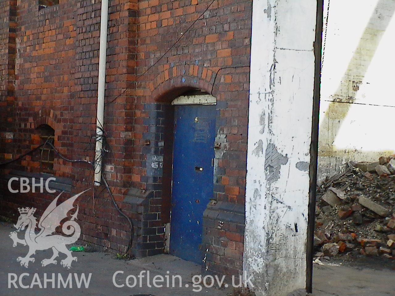 Colour digital photograph showing part of the exterior of the Malt House, East Dock Road, Newport.  The photograph was taken after the Malt House was severely damaged by fire.