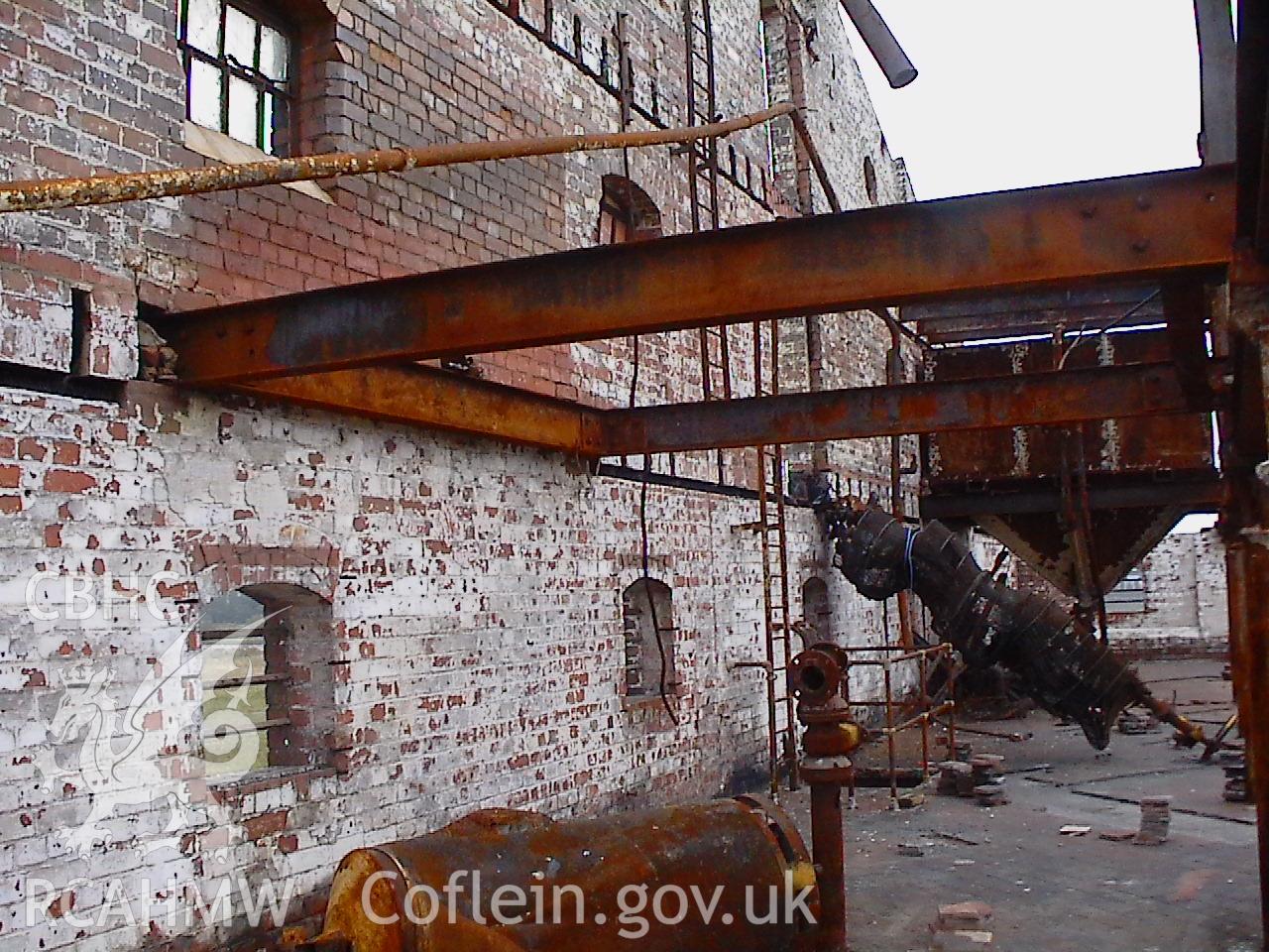 Colour digital photograph showing part of the building framework of the Malt House, East Dock Road, Newport. The photograph was taken after the Malt House was severely damaged by fire.