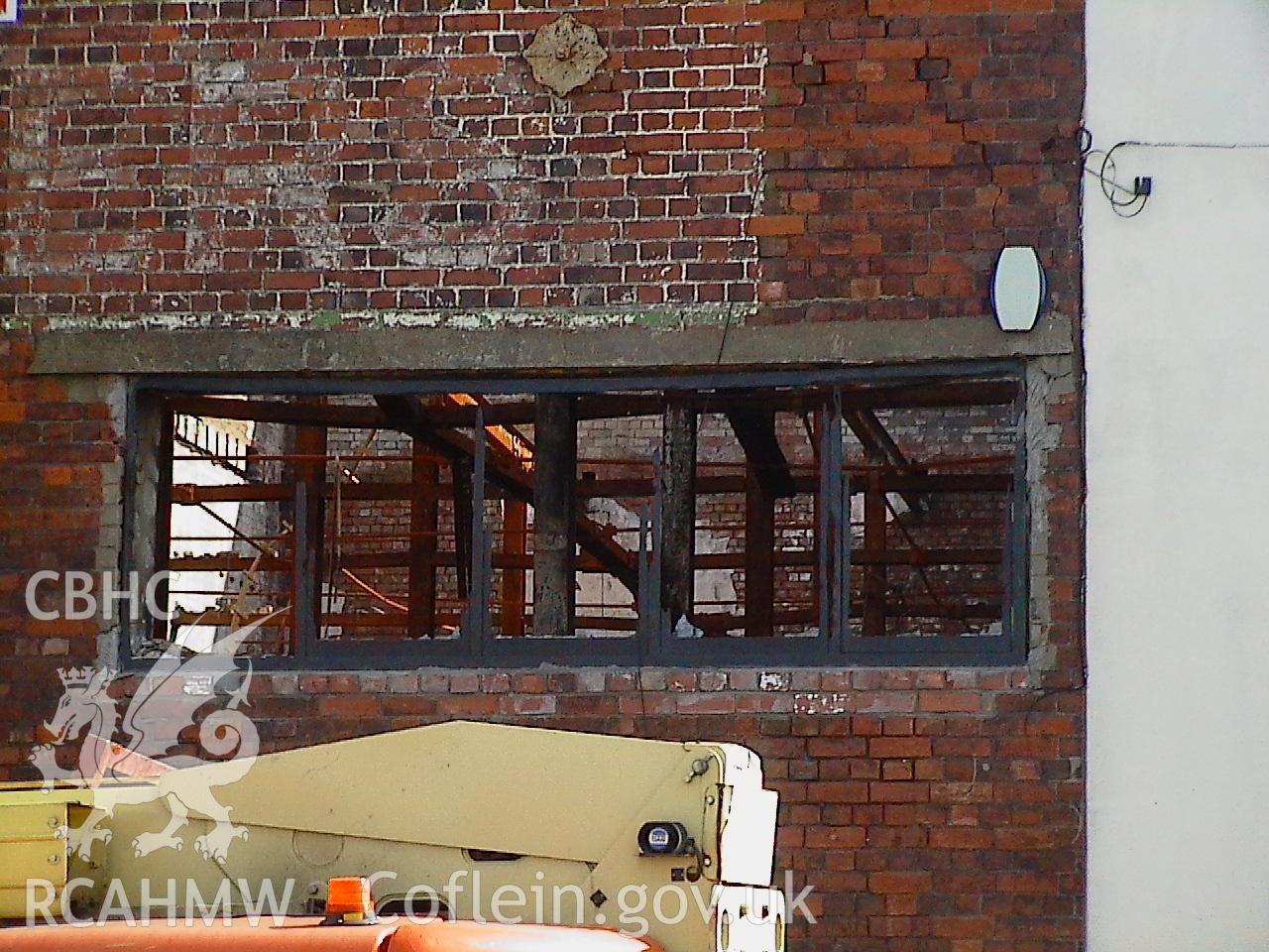 Colour digital photograph showing part of the exterior of the Malt House, East Dock Road, Newport.  The photograph was taken after the Malt House was severely damaged by fire.