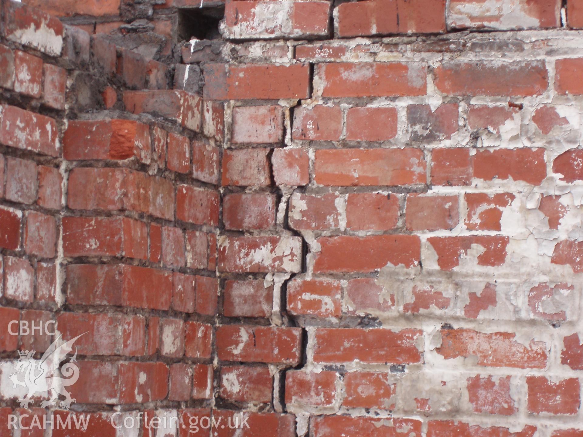 Colour digital photograph detailing some brickwork at the Malt House, East Dock Road, Newport.  The photograph was taken after the Malt House was severely damaged by fire.