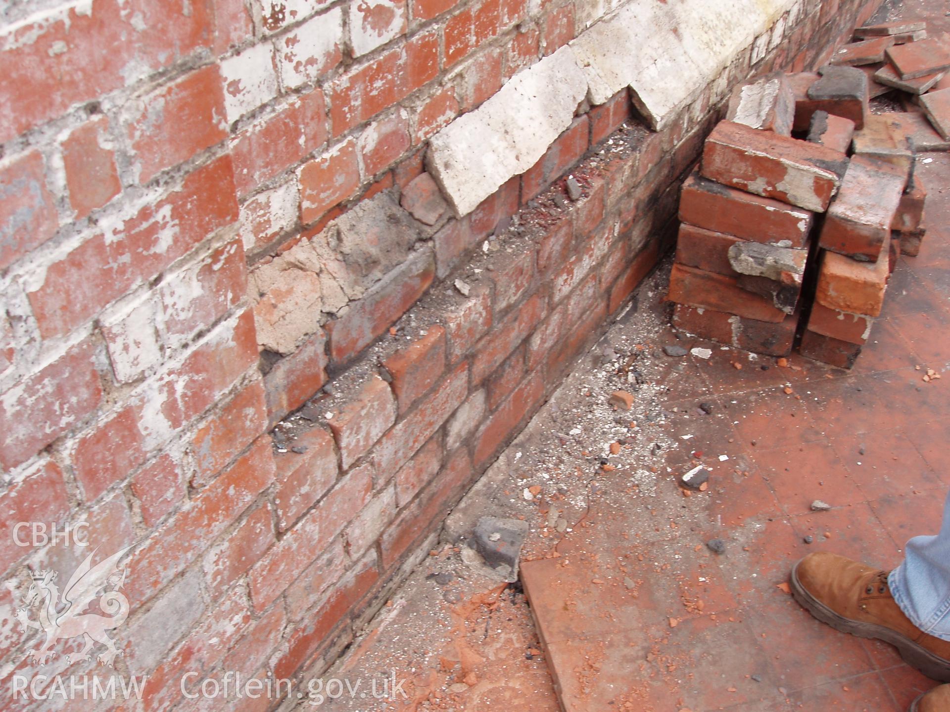 Colour digital photograph detailing brickwork at the Malt House, East Dock Road, Newport.  The photograph was taken after the Malt House was severely damaged by fire.