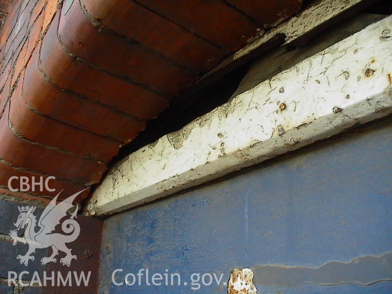 Colour digital photograph showing the detail of a doorway at the Malt House, East Dock Road, Newport.  The photograph was taken after the Malt House was severely damaged by fire.