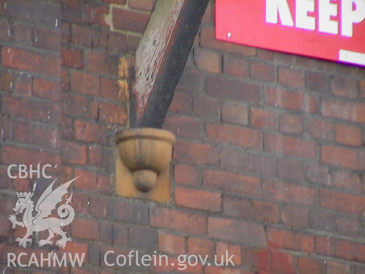 Colour digital photograph showing part of an exterior wall at the Malt House, East Dock Road, Newport.  The photograph was taken after the Malt House was severely damaged by fire.