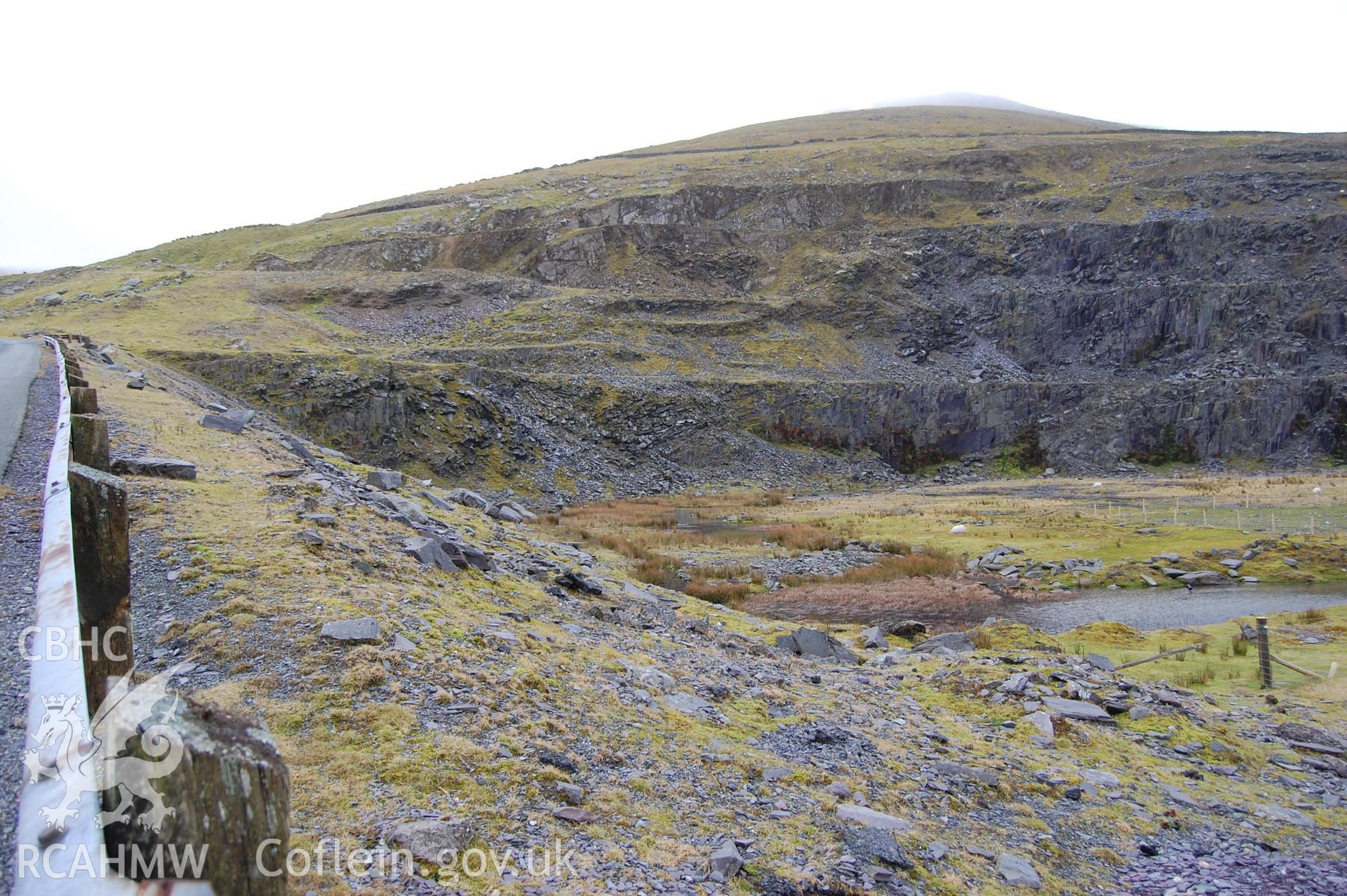 Colour digital image of Mynydd Llandegai showing Marchlyn Quarry, viewed from the road.