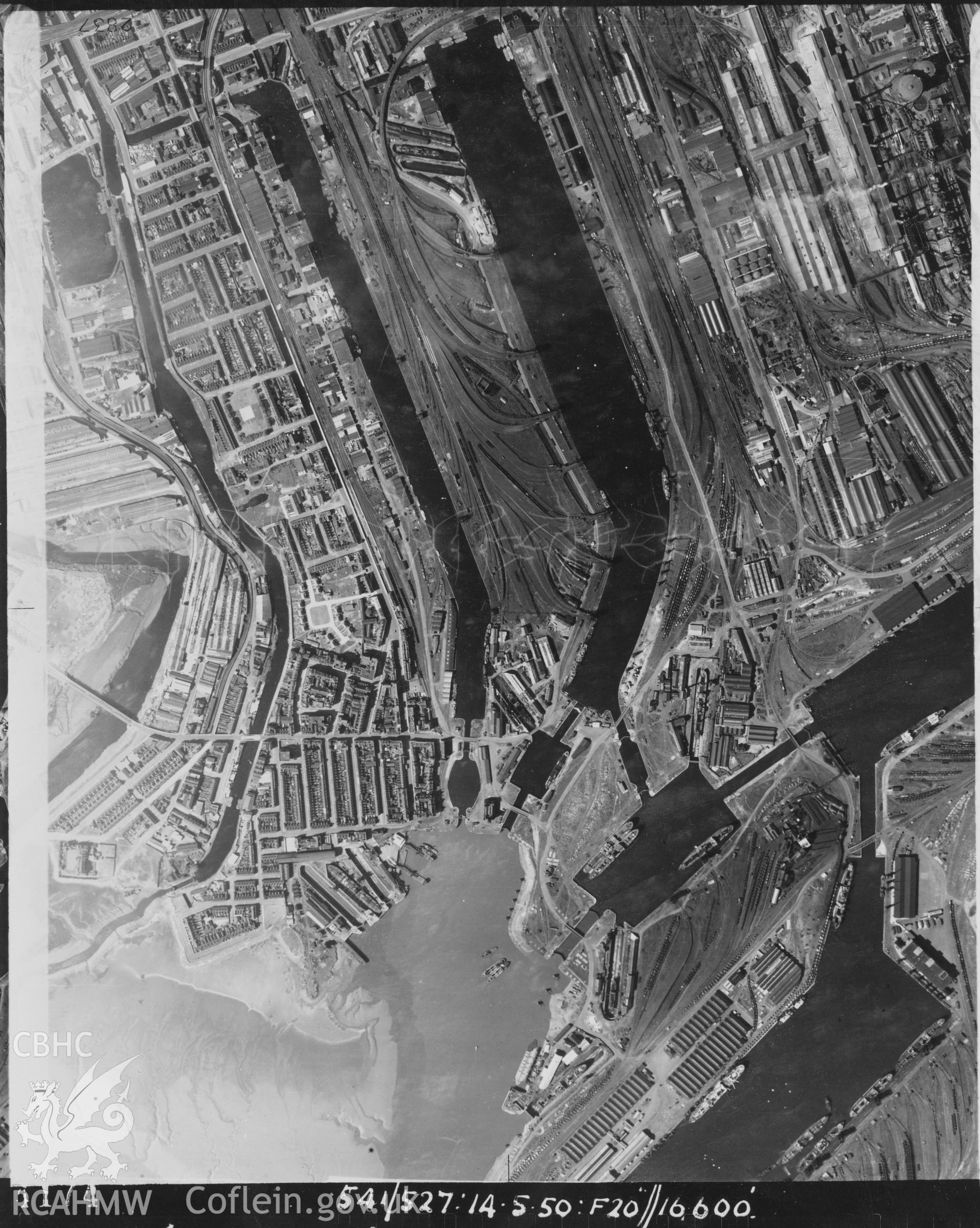 Black and white vertical aerial photograph taken by the RAF on 14/05/1950 centred on ST19267491 at a scale of 1:10000. The photograph includes part of Butetown community in Cardiff.