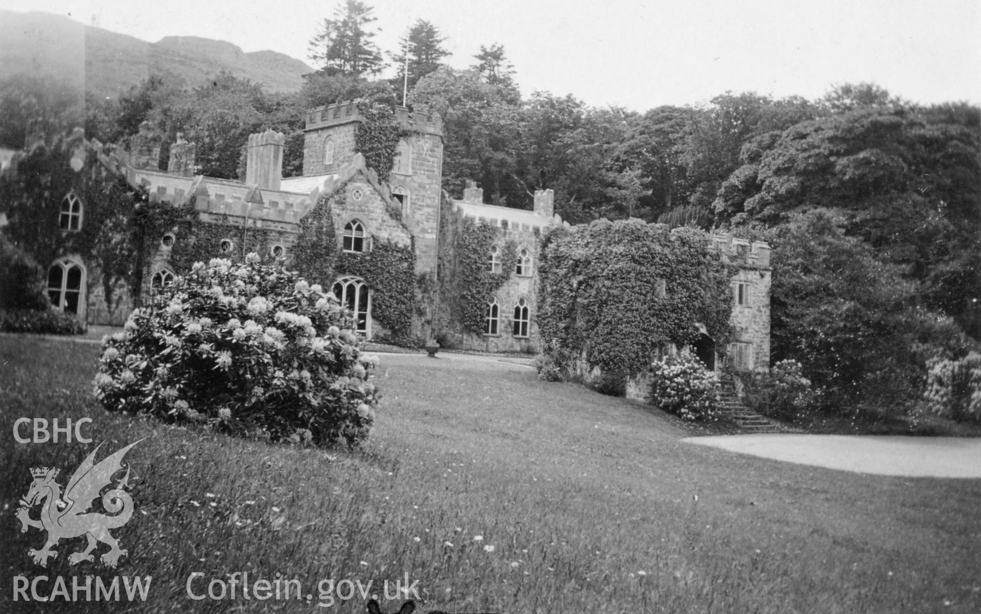 Black and white print of Madrun Castle, copied from an original post card in the possession of Thomas Lloyd. Negative held.