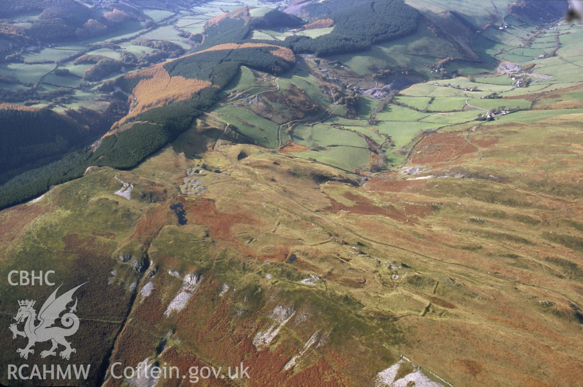 RCAHMW colour slide oblique aerial photograph of Pencraig Ddu Lead & Silver Mines, Melindwr, taken on 30/10/1992 by CR Musson