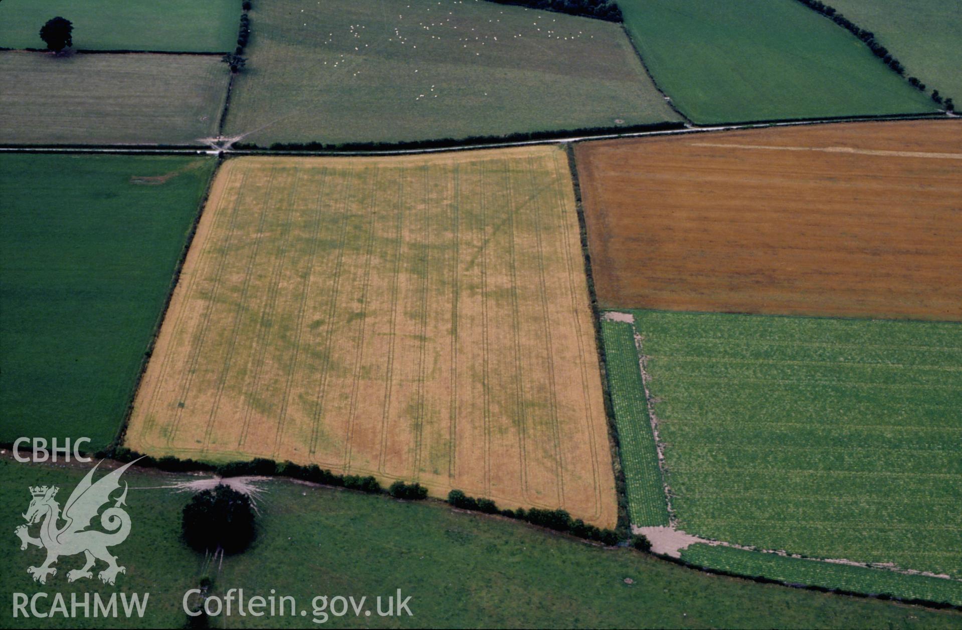 RCAHMW colour slide oblique aerial photograph of Hindwell Pallisaded Enclosure, Old Radnor, taken by C.R. Musson, 05/08/94