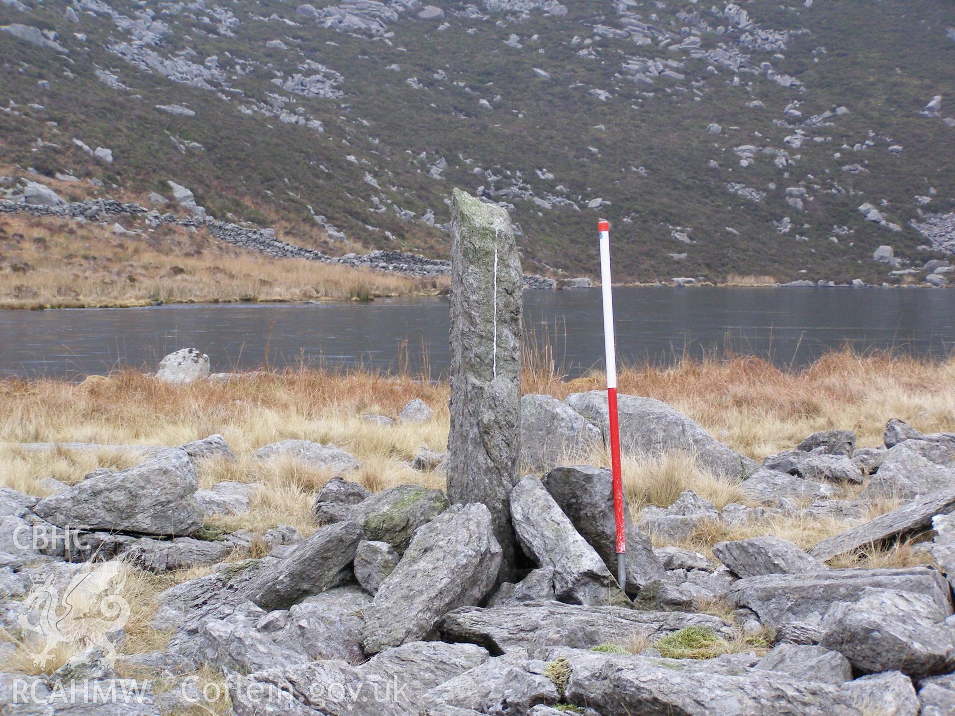 Photograph of Boundary Stone west of Llynnau Cwm Silyn taken on 01/02/2006 by P.J. Schofield during an Upland Survey undertaken by Oxford Archaeology North.