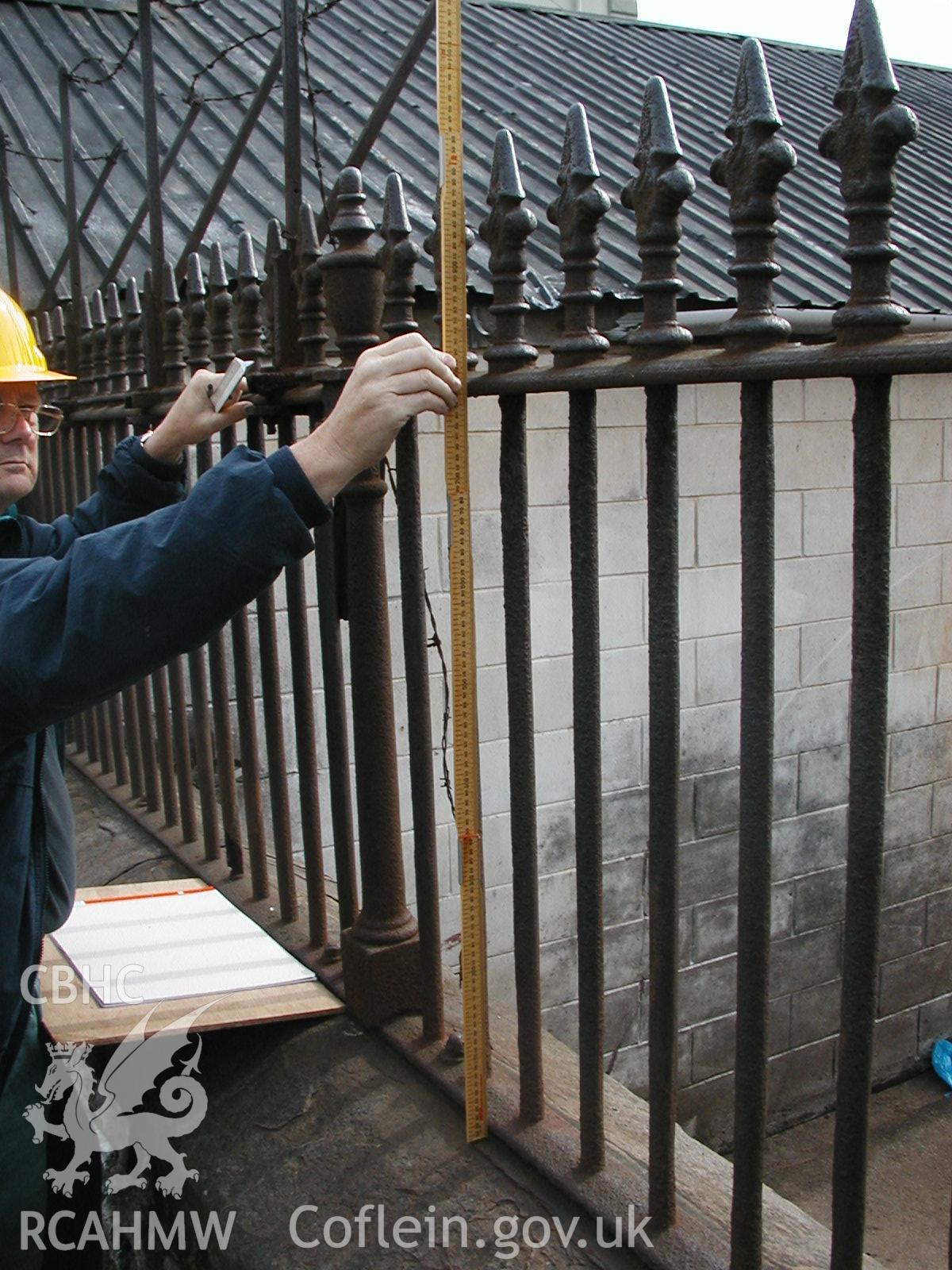 Digital colour photograph showing the railings on the North Side of Newport Cattle Market.