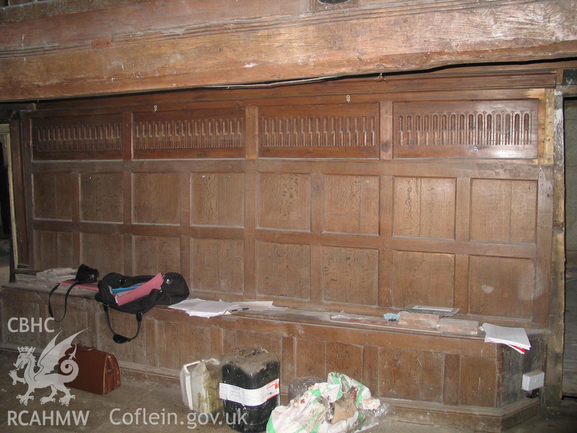 Nantclwyd House before conservation. G.8 panelling on north wall.