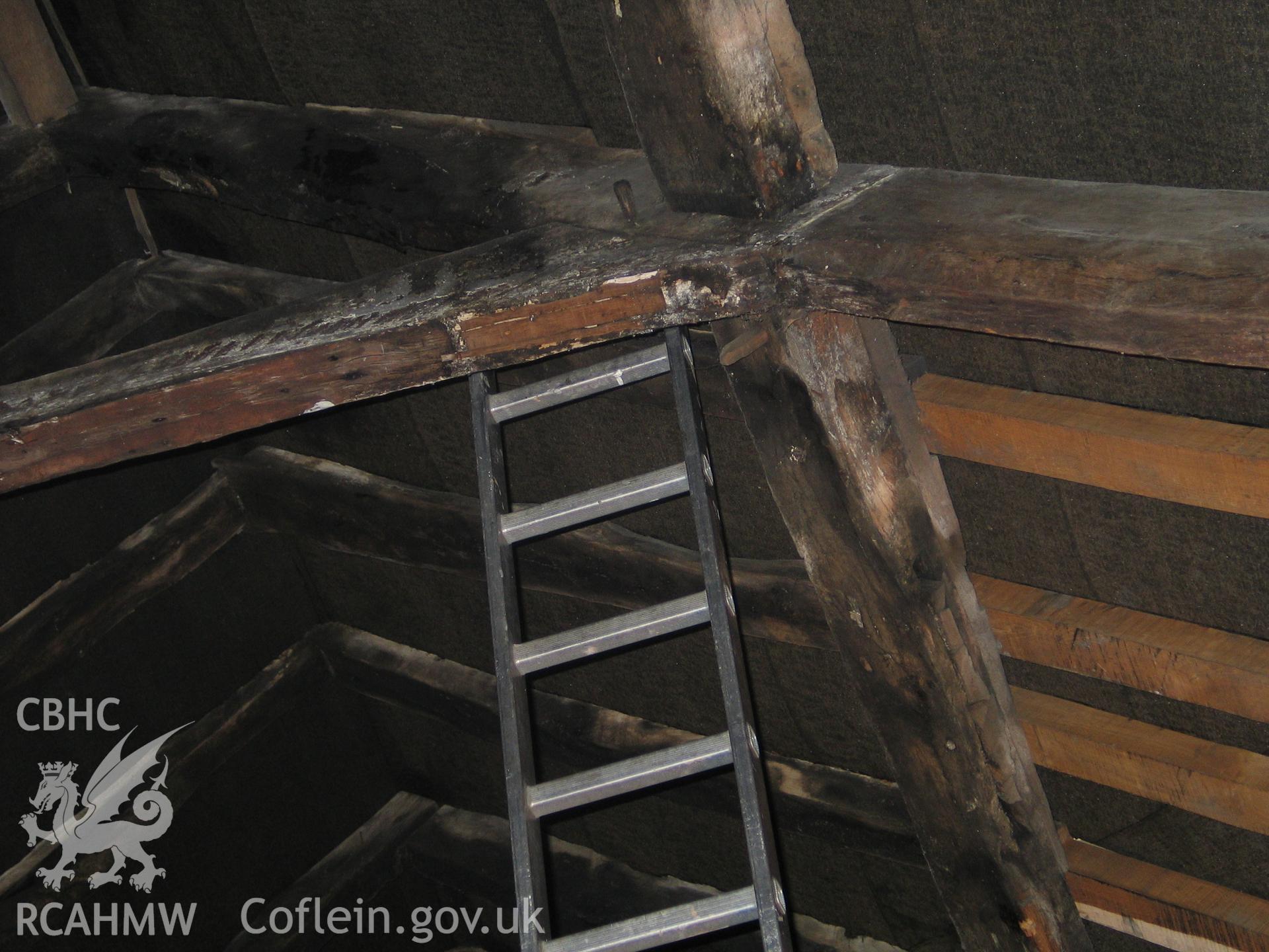 Colour digital photograph showing dendrochronology samples being taken from a roof beam.