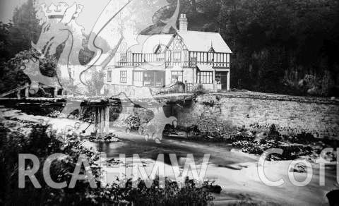 Digitised historic photograph of the first Llantysilio Chain Bridge, copied from an original held by Llangollen Museum Archives, undated.