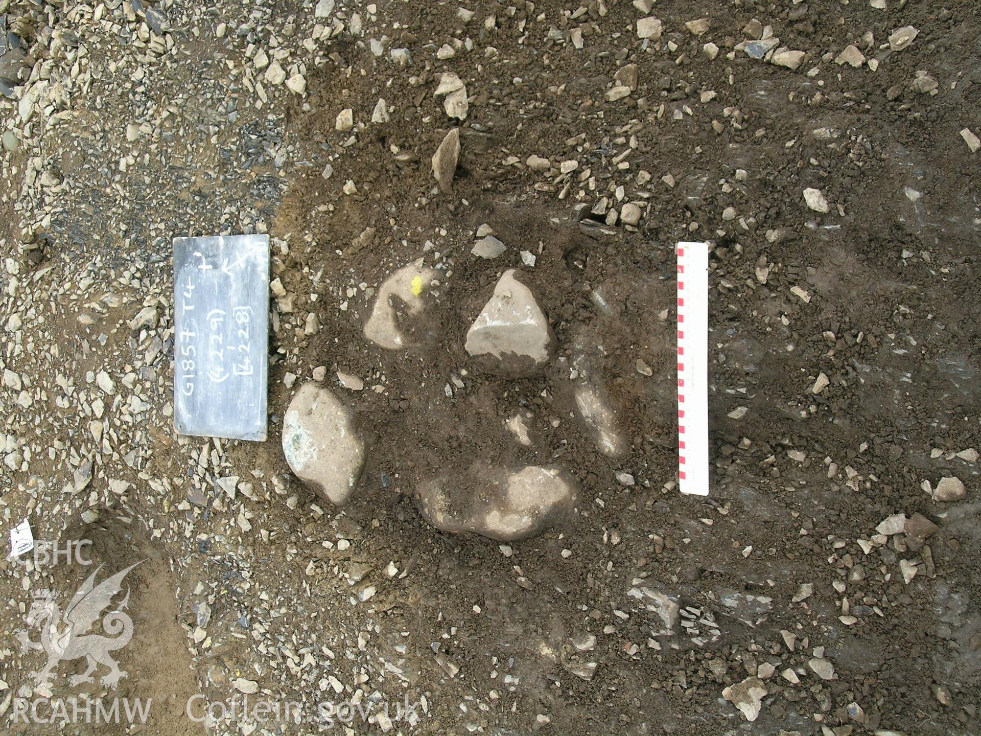 Digital photograph from excavation of Parc Bryn Cegin, Llandygai, by Gwynedd Archaeological Trust. P/H [4228] & fill 4229 pre-exc., from SW (numbers refer to context records). Scale 1x0.3m.