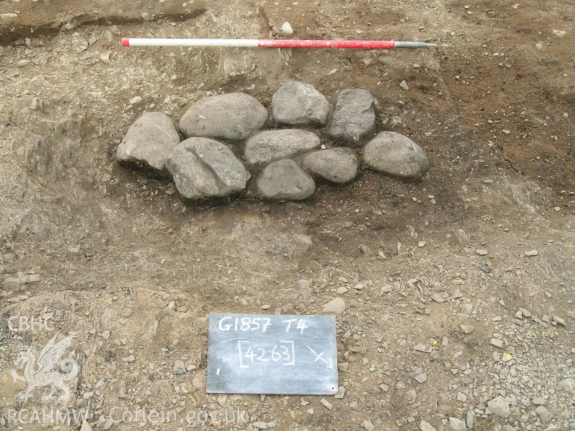 Digital photograph from excavation of Parc Bryn Cegin, Llandygai, by Gwynedd Archaeological Trust. Posthole/deposit [4264] W facing section, from W (numbers refer to context records). Scale 1x0.3m.