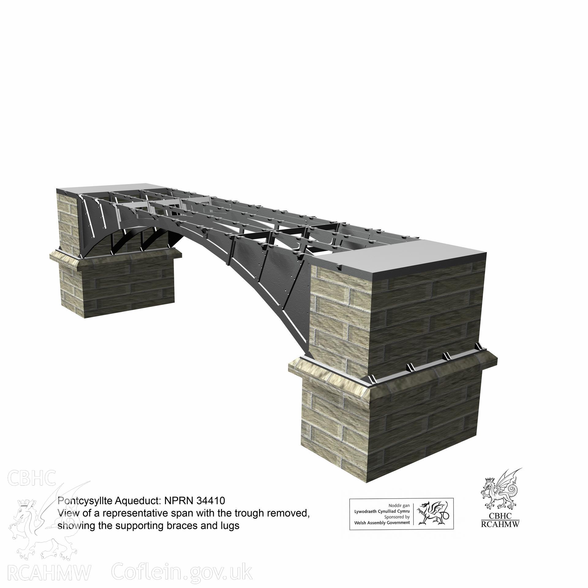 Still from a 3D model showing a representative span of the Pontcysyllte Aqueduct viewed from the south-west, with the trough removed to show the supporting ribs and lugs, from an RCAHMW survey of Pontcysyllte Aqueduct, carried out by Susan Fielding, 24/05/2006.