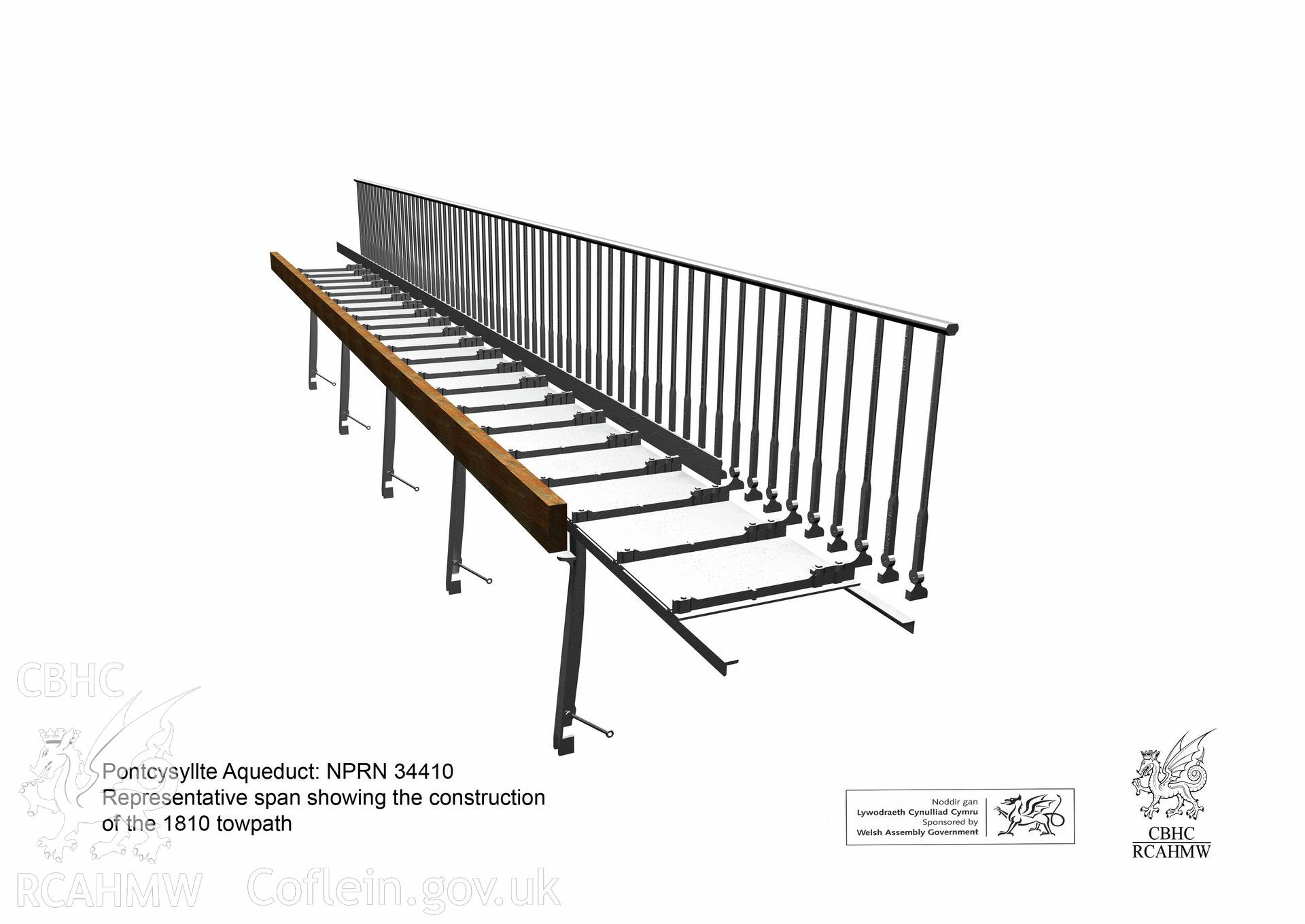 Still from a 3D model showing a representative span of the Pontcysyllte Aqueduct viewed from the south-west, showing the construction of the towpath, from an RCAHMW survey of Pontcysyllte Aqueduct, carried out by Susan Fielding, 24/05/2006.