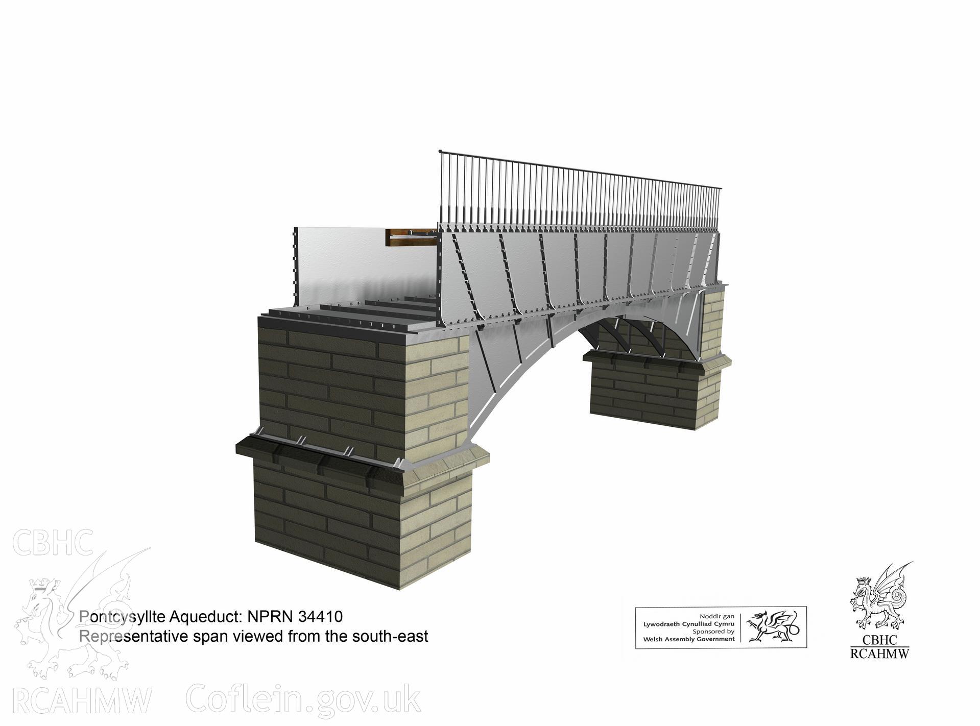 Still from a 3D model showing a representative span of the Pontcysyllte Aqueduct viewed from the south-east, from an RCAHMW survey of Pontcysyllte Aqueduct, carried out by Susan Fielding, 24/05/2006.