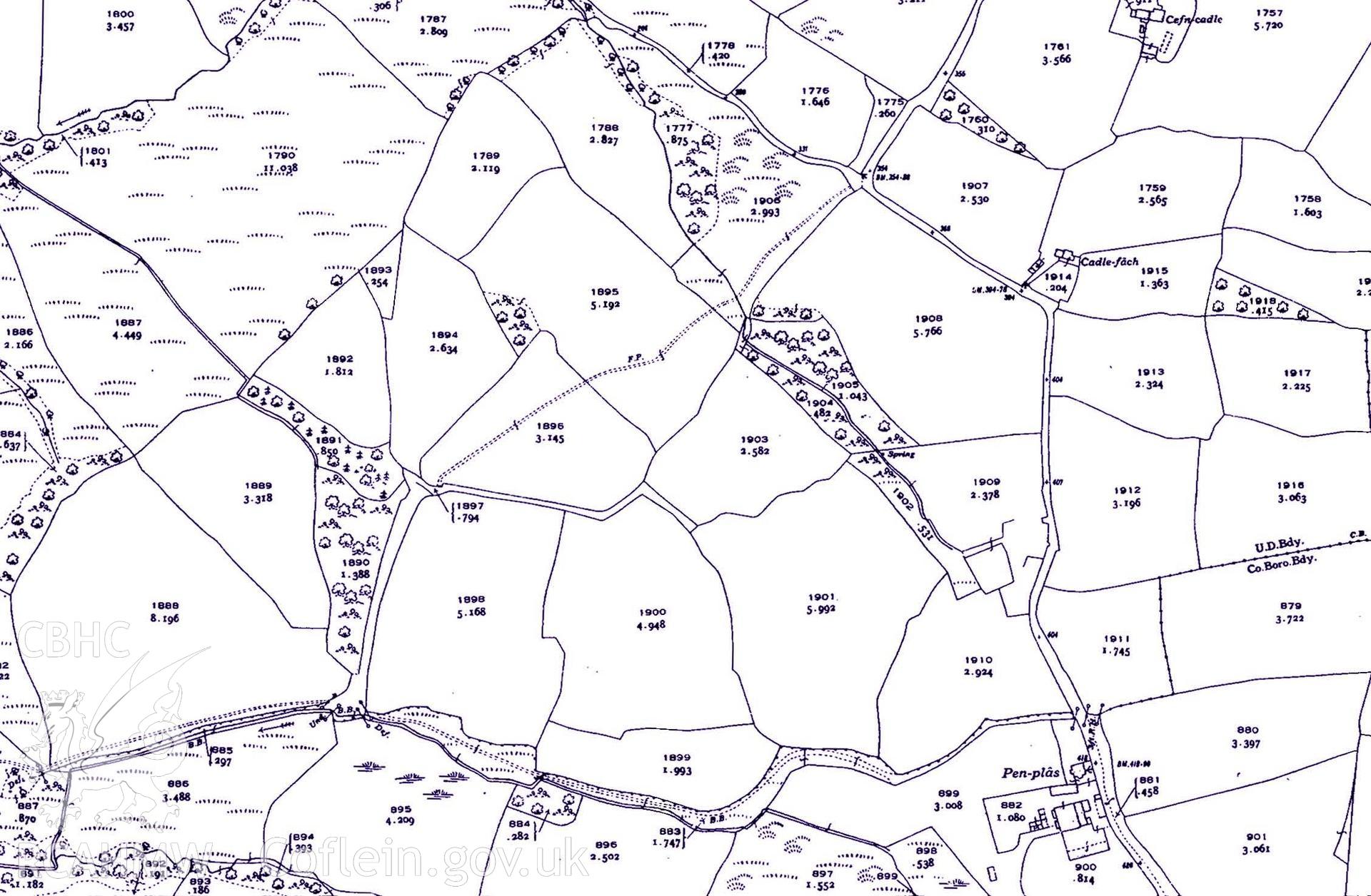 Digital copy of part of OS map sheet XIV. 12 SE. It depicts part of the Penllergare Estate.