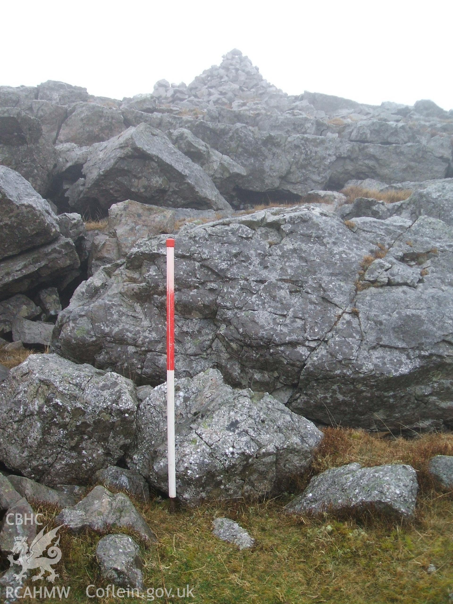 Digital colour photograph of a marker cairn at Twynau Gwynion I taken on 12/03/2009 by B. Britton during the Mynydd Llangynidr Upland Survey undertaken by ArchaeoPhysica.