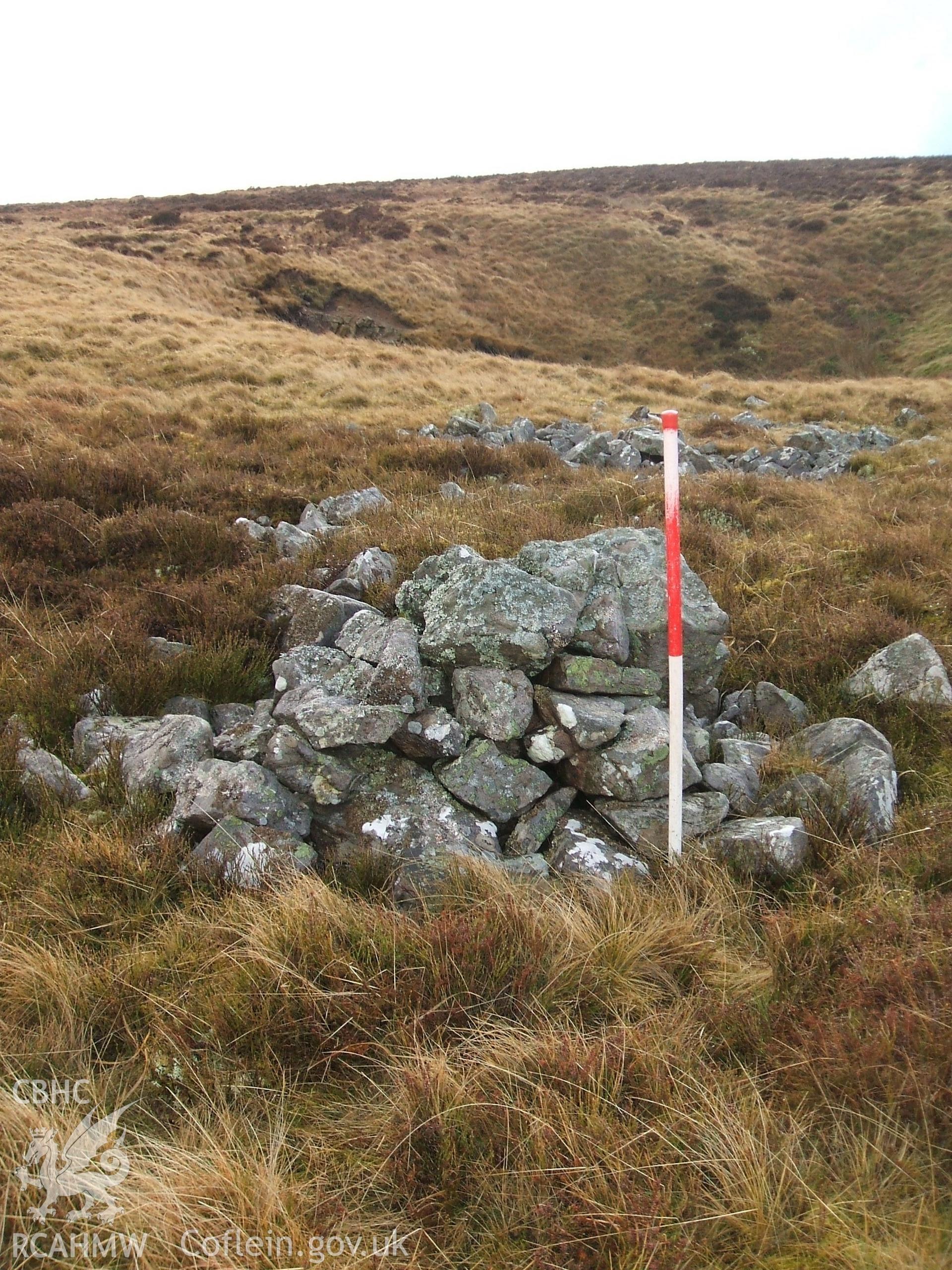 Digital colour photograph of a marker cairn at Mynydd Llangynidr east VI taken on 13/01/2009 by B. Britton during the Mynydd Llangynidr Upland Survey undertaken by ArchaeoPhysica.