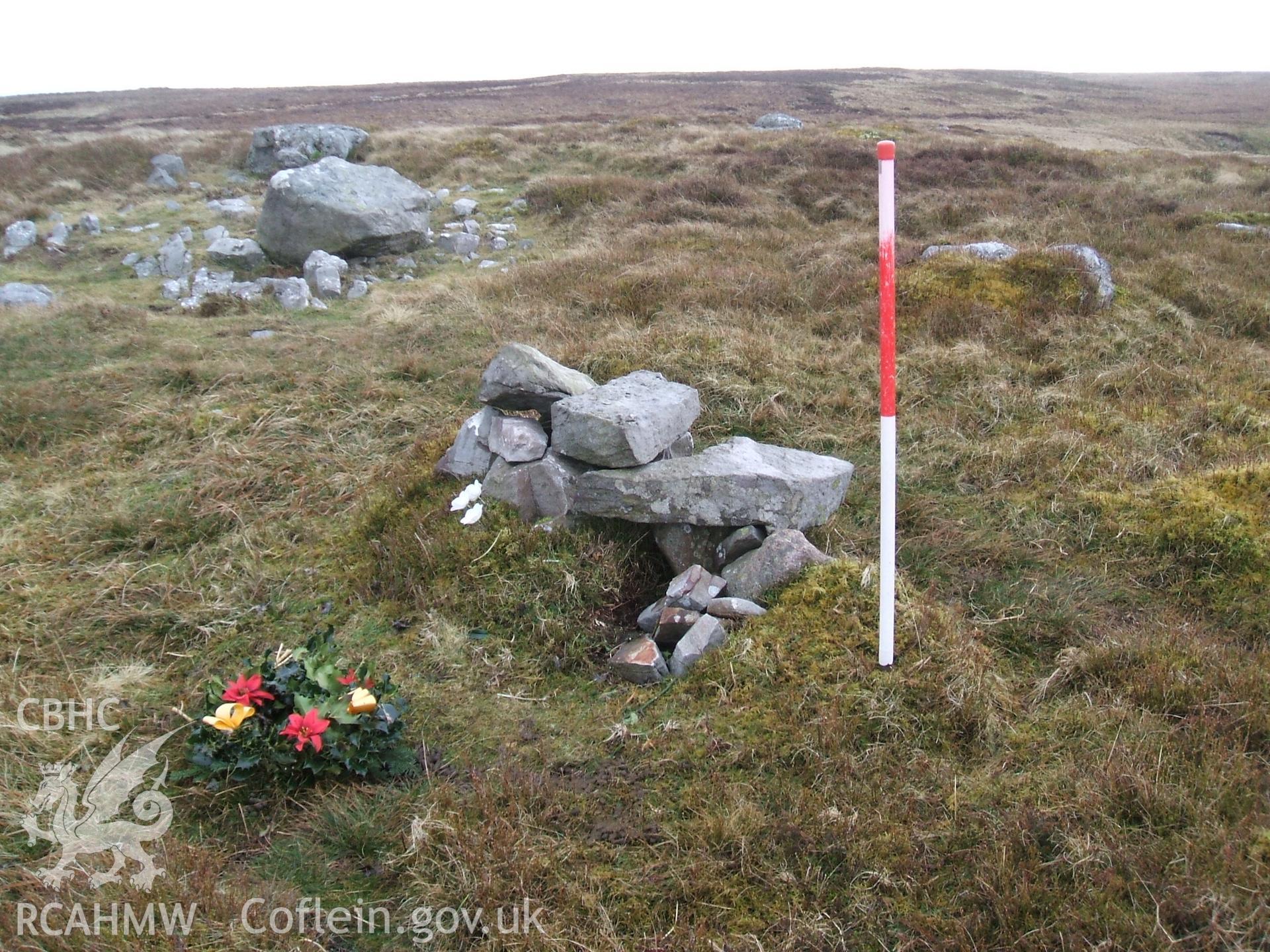 Digital colour photograph of a marker cairn at Mynydd Llangynidr east VIII taken on 22/01/2009 by B. Britton during the Mynydd Llangynidr Upland Survey undertaken by ArchaeoPhysica.
