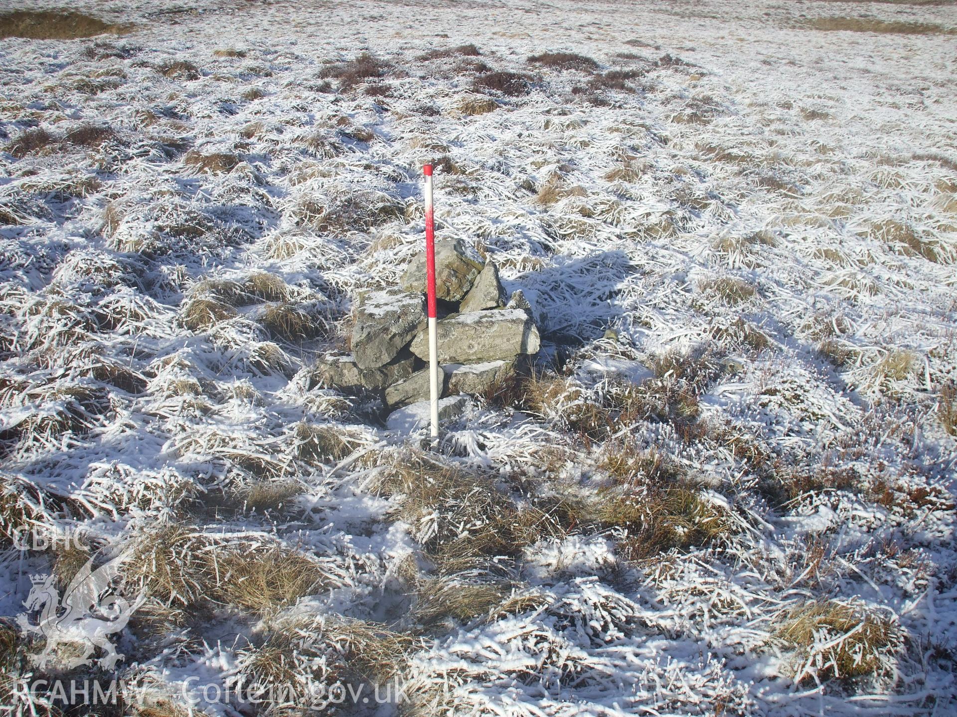 Digital colour photograph of a marker cairn at Mynydd Llangynidr west IV taken on 06/01/2009 by G. Arnold during the Mynydd Llangynidr Upland Survey undertaken by ArchaeoPhysica.