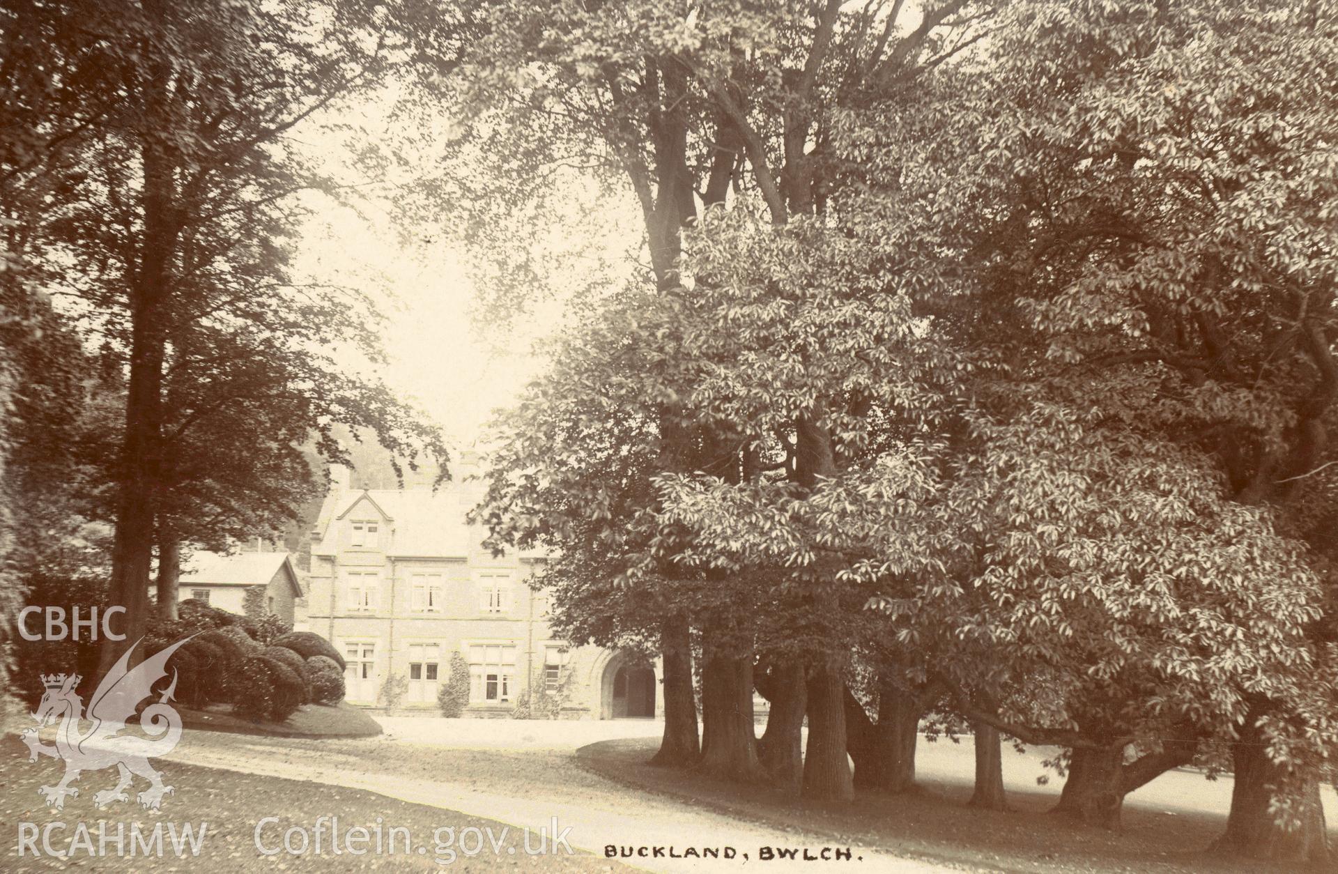 Digitised postcard image of Buckland Hall, Bwlch. Produced by Parks and Gardens Data Services, from an original item in the Peter Davis Collection at Parks and Gardens UK. We hold only web-resolution images of this collection, suitable for viewing on screen and for research purposes only. We do not hold the original images, or publication quality scans.