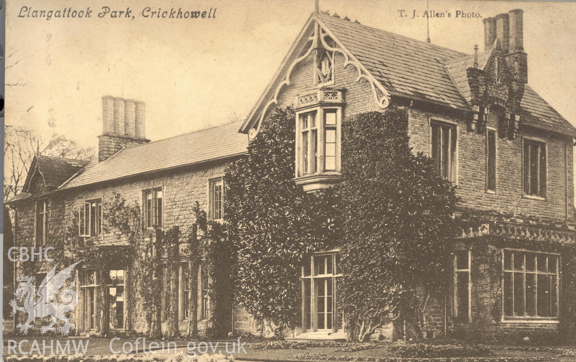 Digitised postcard image of Llangattock Park House, T.J. Allen. Published by W. Howells, Stationer, Crickhowell. Produced by Parks and Gardens Data Services, from an original item in the Peter Davis Collection at Parks and Gardens UK. We hold only web-resolution images of this collection, suitable for viewing on screen and for research purposes only. We do not hold the original images, or publication quality scans.