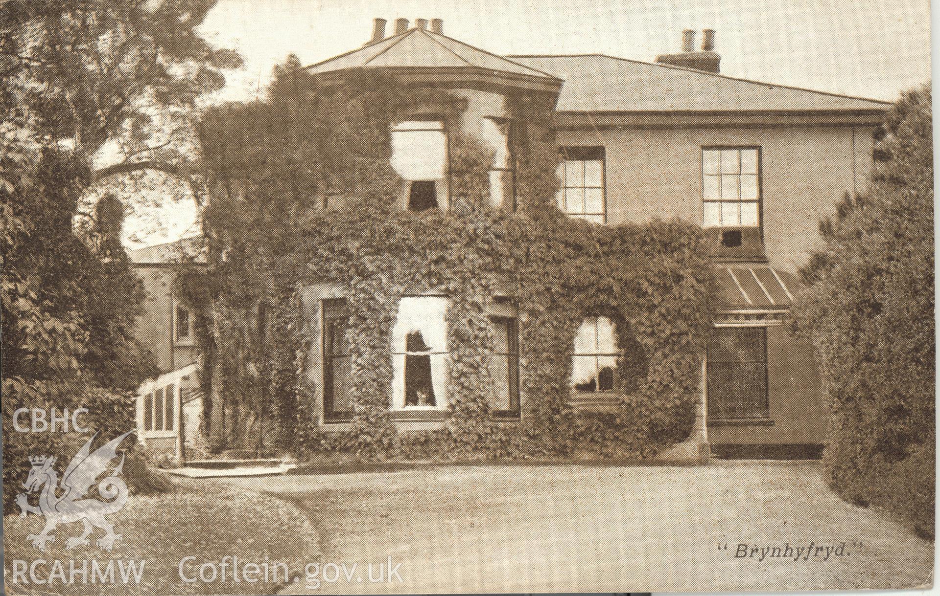 Digitised postcard image of Brynhyfryd, Newport. Unlocated. Produced by Parks and Gardens Data Services, from an original item in the Peter Davis Collection at Parks and Gardens UK. We hold only web-resolution images of this collection, suitable for viewing on screen and for research purposes only. We do not hold the original images, or publication quality scans.