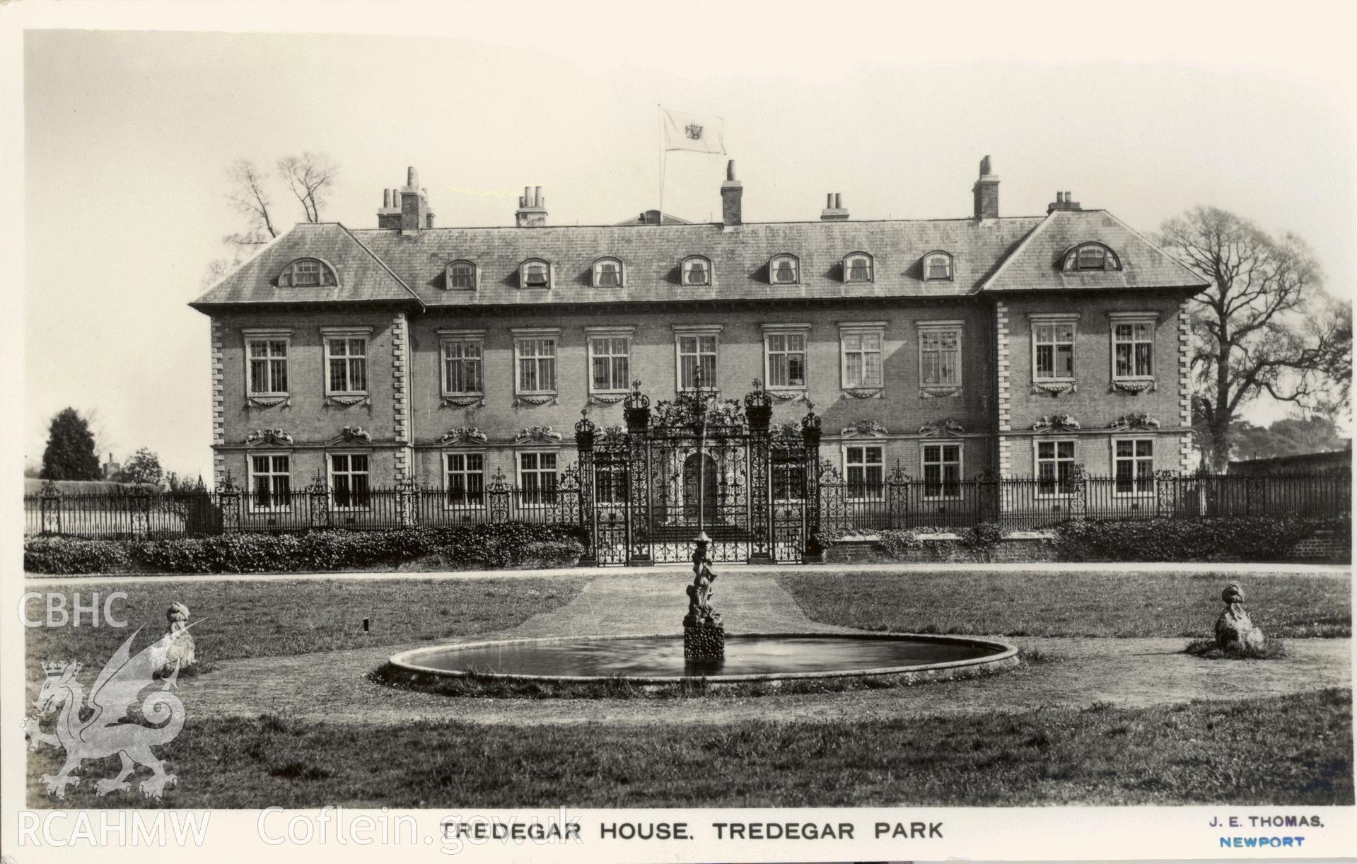 Digitised postcard image of Tredegar House, Newport, J.E. Thomas, Newport. Produced by Parks and Gardens Data Services, from an original item in the Peter Davis Collection at Parks and Gardens UK. We hold only web-resolution images of this collection, suitable for viewing on screen and for research purposes only. We do not hold the original images, or publication quality scans.