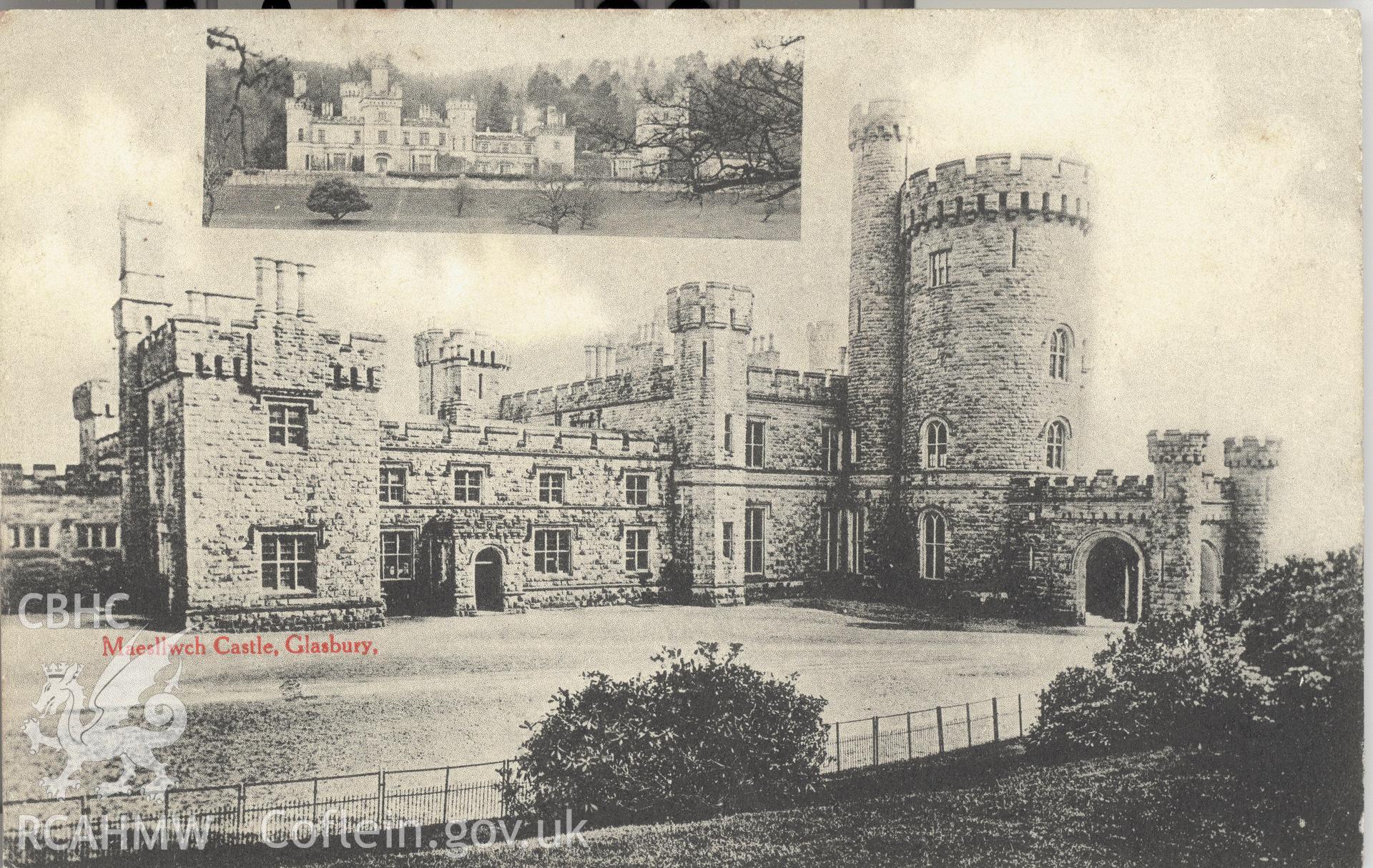 Digitised postcard image of Maesllwch Castle, Glasbury  (from N.E.), Cartwright, photographer, Talgarth. Produced by Parks and Gardens Data Services, from an original item in the Peter Davis Collection at Parks and Gardens UK. We hold only web-resolution images of this collection, suitable for viewing on screen and for research purposes only. We do not hold the original images, or publication quality scans.