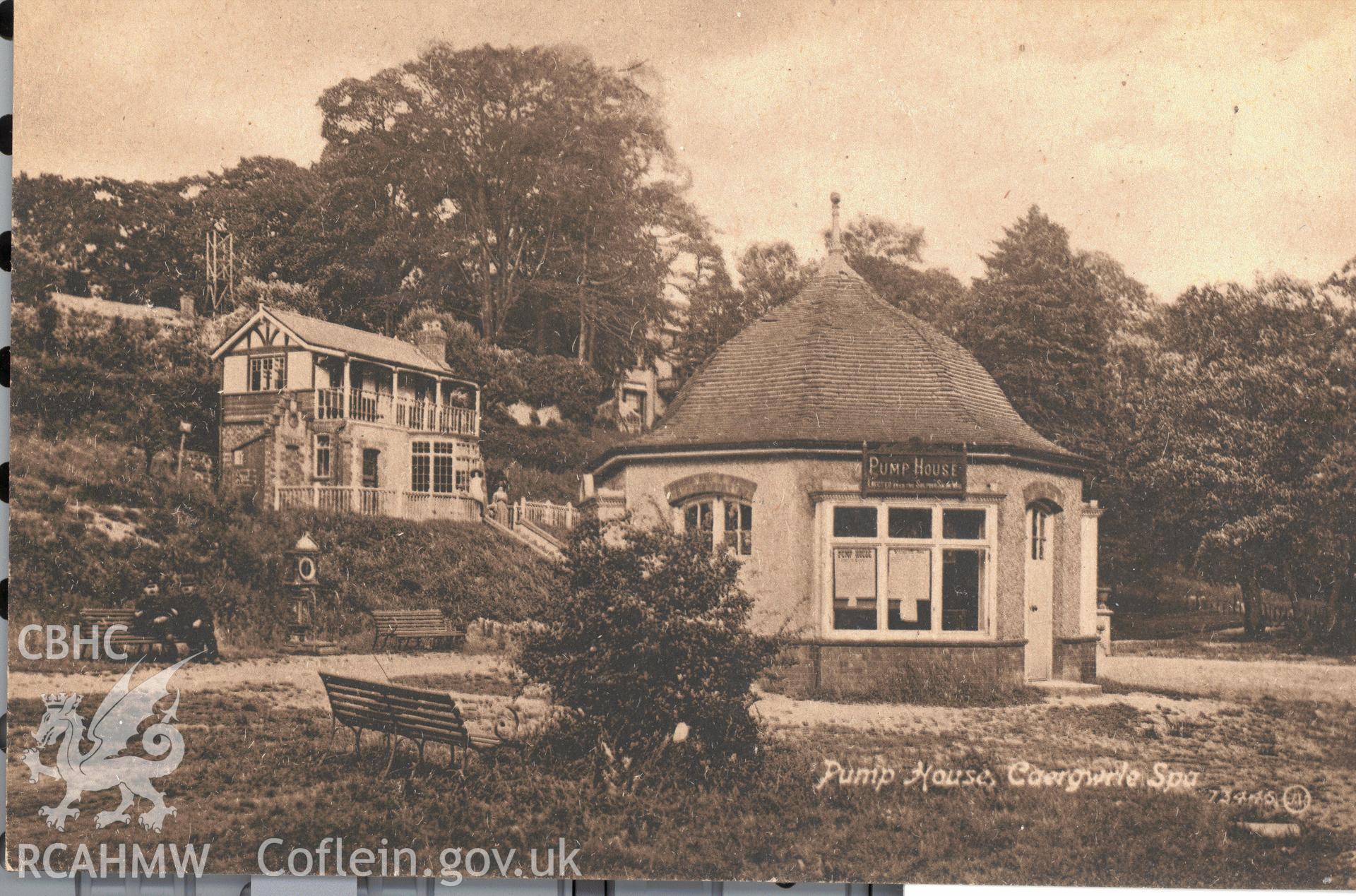 Digitised postcard image of  spa pumphouse, Caergwrle, Valentine's Series. Produced by Parks and Gardens Data Services, from an original item in the Peter Davis Collection at Parks and Gardens UK. We hold only web-resolution images of this collection, suitable for viewing on screen and for research purposes only. We do not hold the original images, or publication quality scans.