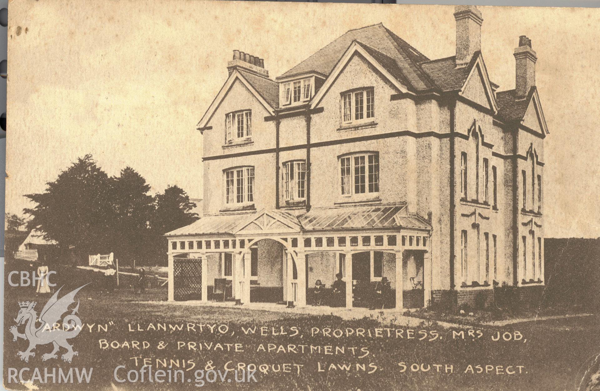 Digitised postcard image of Ardwyn, Llanwrtyd wells, P.B. Abery, Builth Wells. Produced by Parks and Gardens Data Services, from an original item in the Peter Davis Collection at Parks and Gardens UK. We hold only web-resolution images of this collection, suitable for viewing on screen and for research purposes only. We do not hold the original images, or publication quality scans.