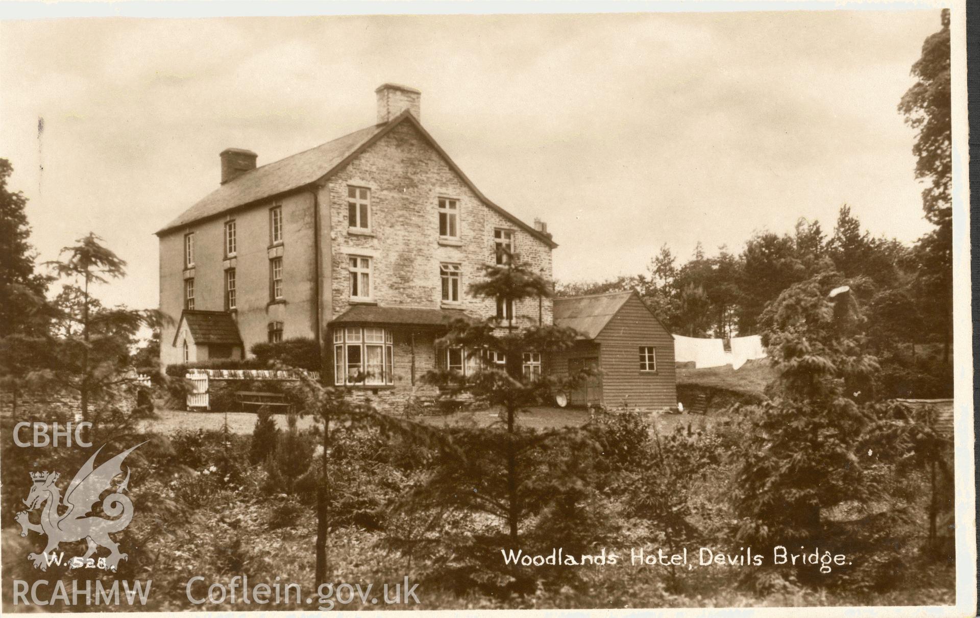 Digitised postcard image of Woodlands Hotel, Ty'n Llwyn, Valentine's Series. Produced by Parks and Gardens Data Services, from an original item in the Peter Davis Collection at Parks and Gardens UK. We hold only web-resolution images of this collection, suitable for viewing on screen and for research purposes only. We do not hold the original images, or publication quality scans.