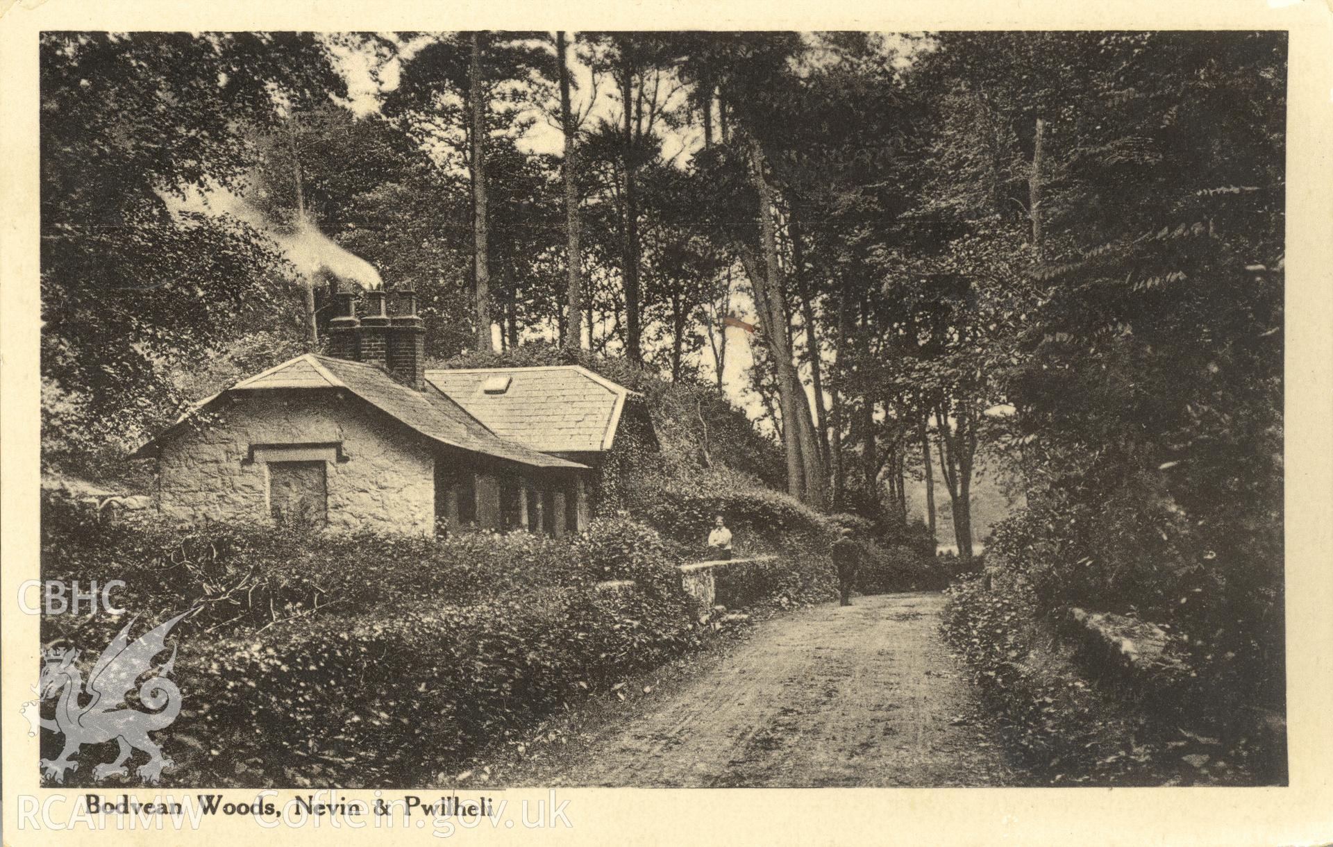 Digitised postcard image of Plas Boduan lodge. Produced by Parks and Gardens Data Services, from an original item in the Peter Davis Collection at Parks and Gardens UK. We hold only web-resolution images of this collection, suitable for viewing on screen and for research purposes only. We do not hold the original images, or publication quality scans.