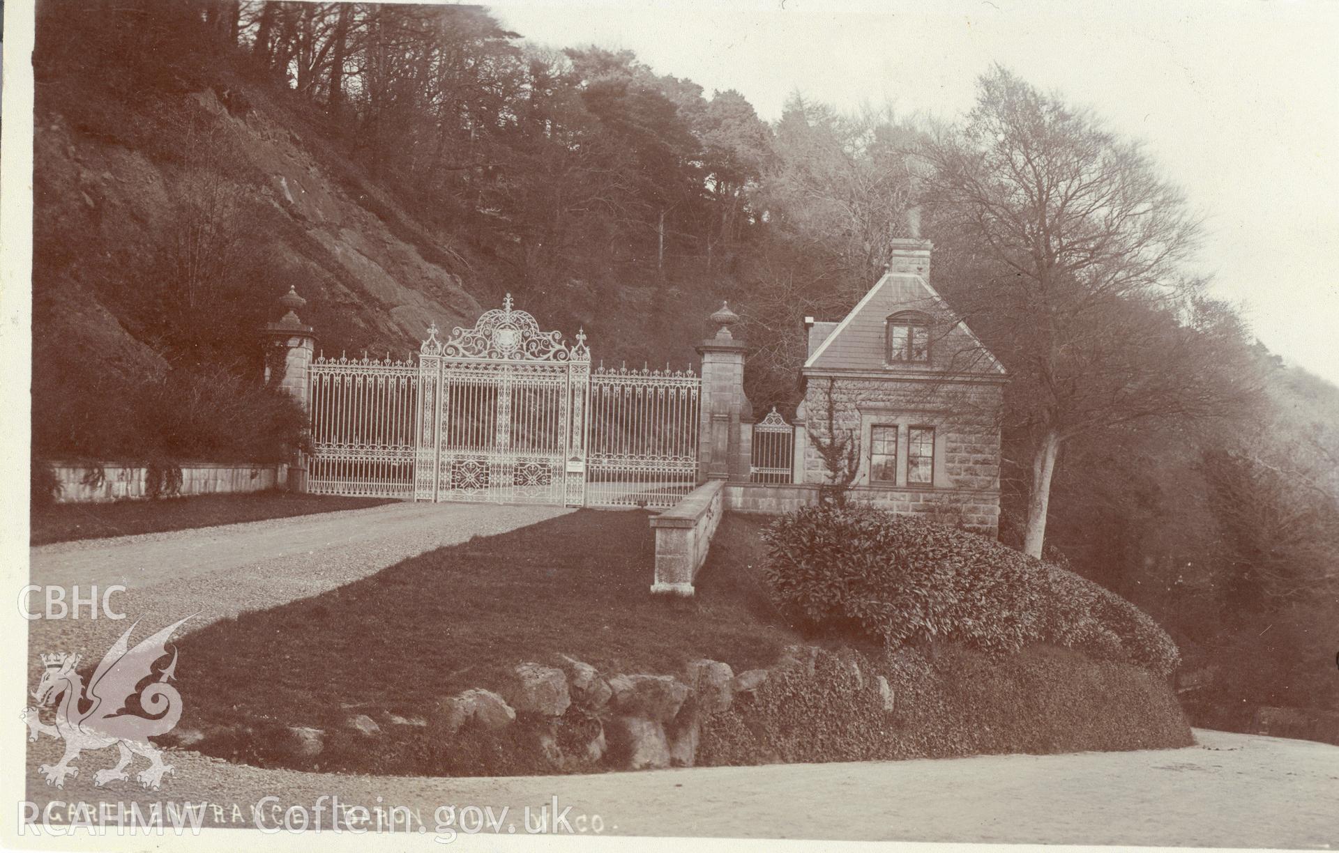 Digitised postcard image of Garth Lodge, Baron Hill, Beaumaris. Produced by Parks and Gardens Data Services, from an original item in the Peter Davis Collection at Parks and Gardens UK. We hold only web-resolution images of this collection, suitable for viewing on screen and for research purposes only. We do not hold the original images, or publication quality scans.