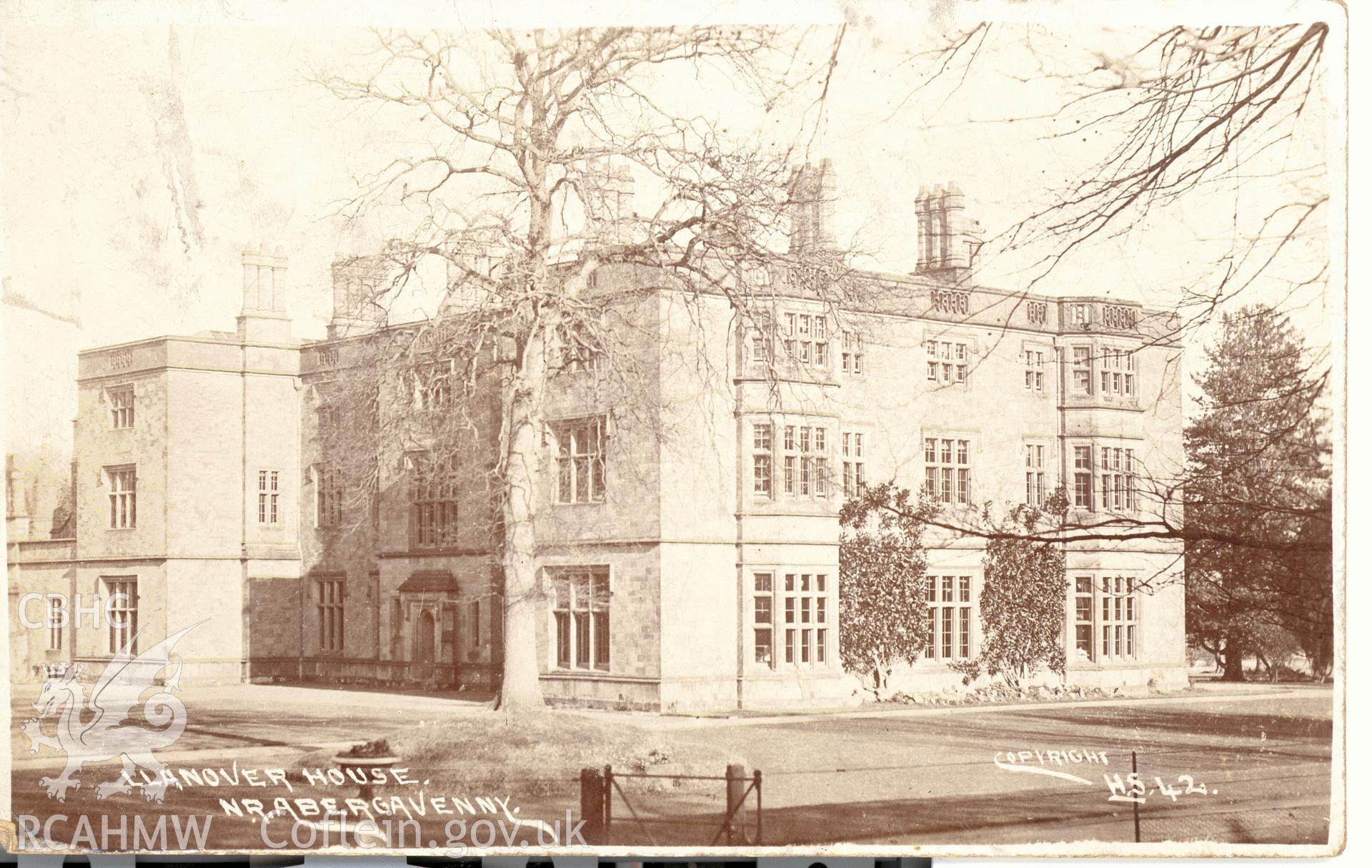 Digitised postcard image of Llanover House, Llanover, Copyright H.S. 42. Produced by Parks and Gardens Data Services, from an original item in the Peter Davis Collection at Parks and Gardens UK. We hold only web-resolution images of this collection, suitable for viewing on screen and for research purposes only. We do not hold the original images, or publication quality scans.
