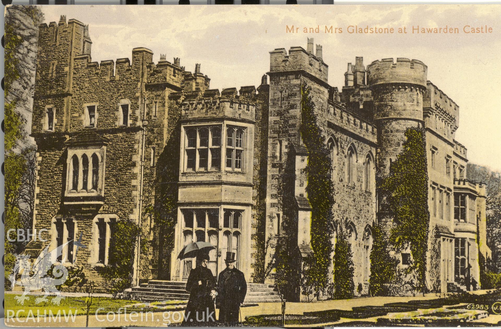 Digitised postcard image of Hawarden Castle, Valentine's Series. Produced by Parks and Gardens Data Services, from an original item in the Peter Davis Collection at Parks and Gardens UK. We hold only web-resolution images of this collection, suitable for viewing on screen and for research purposes only. We do not hold the original images, or publication quality scans.